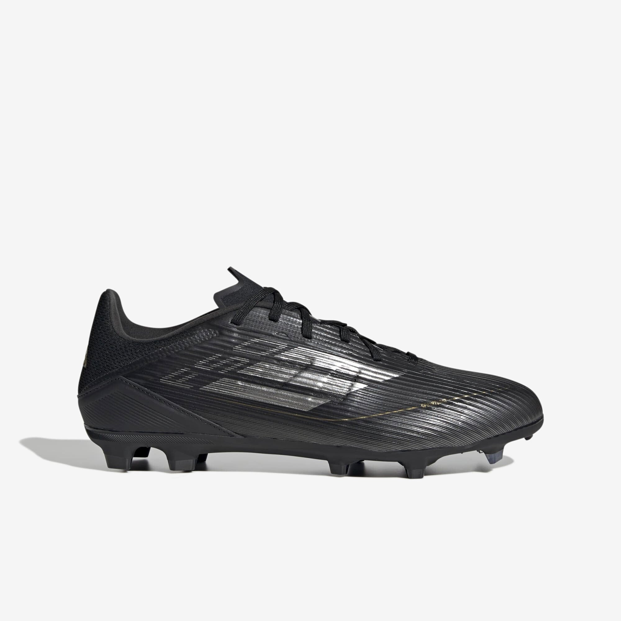 adidas F50 League Firm/Multi-Ground Soccer Cleats - Core Black / Iron Metallic / Gold Metallic