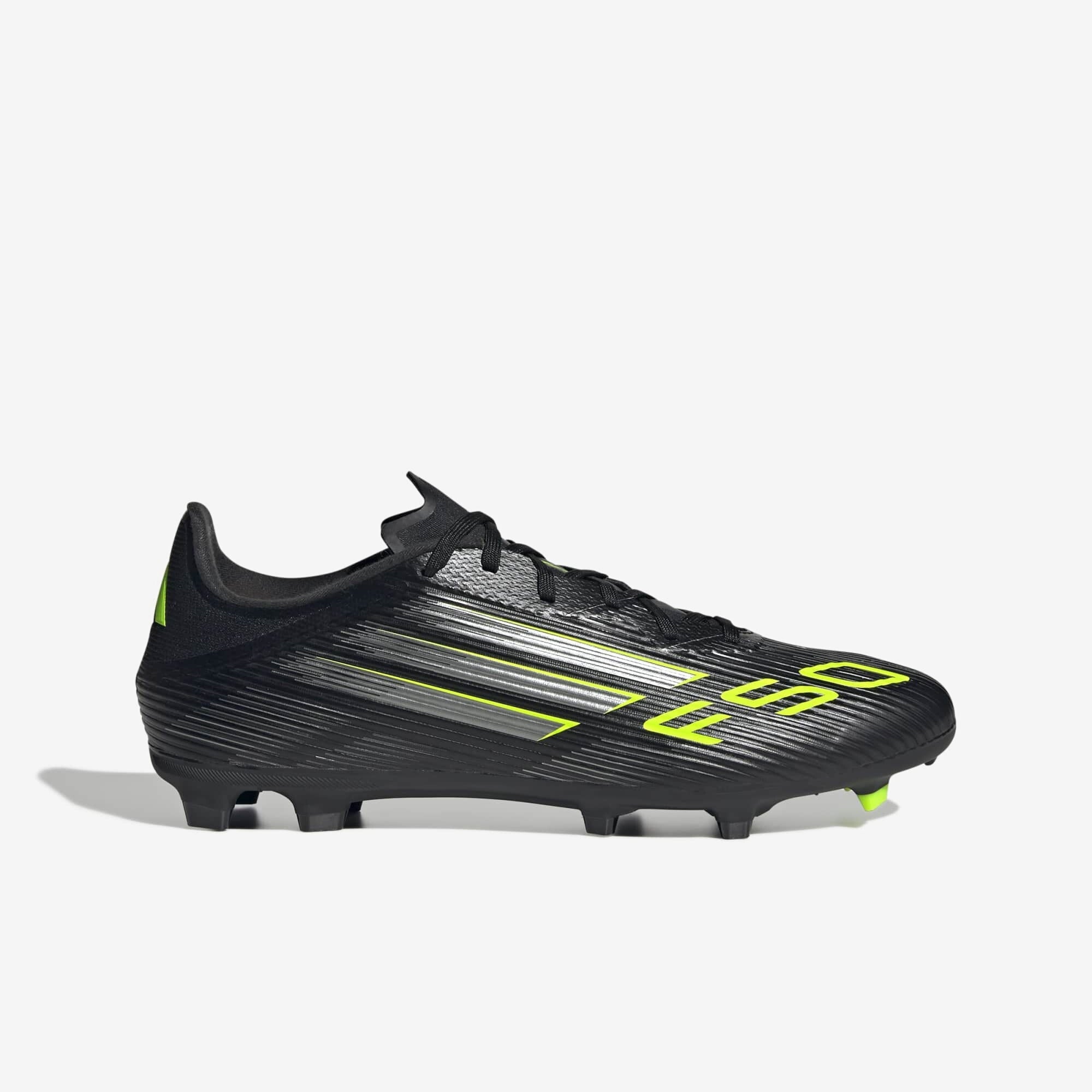 adidas F50 League Firm/Multi-Ground Low-Top Soccer Cleats - Core Black / Iron Metallic / Lucid Lemon
