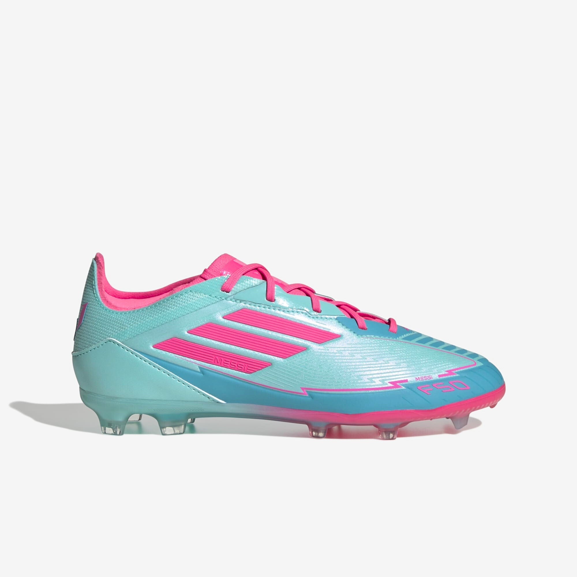 adidas Jr. F50 Elite Messi Big Kids' FG Low-Top Soccer Cleats - Flash Aqua / Lucid Pink / Lucid Cyan