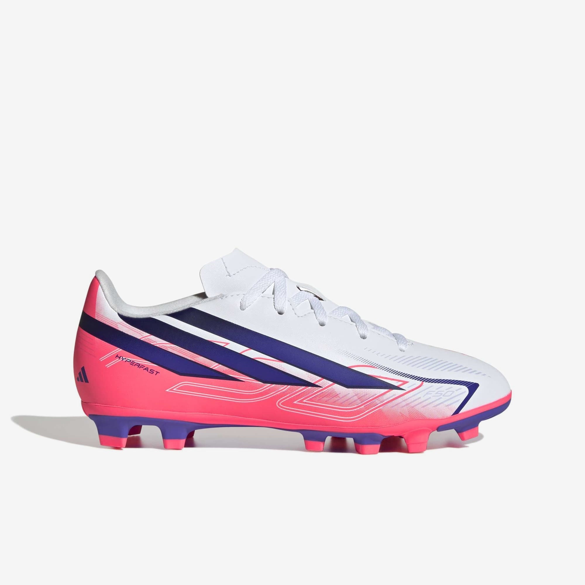 adidas Jr. F50 Hyperfast Club Big Kids' Firm/Multi-Ground Low-Top Soccer Cleats - Ftwr White / Solar Purple / Solar Turbo