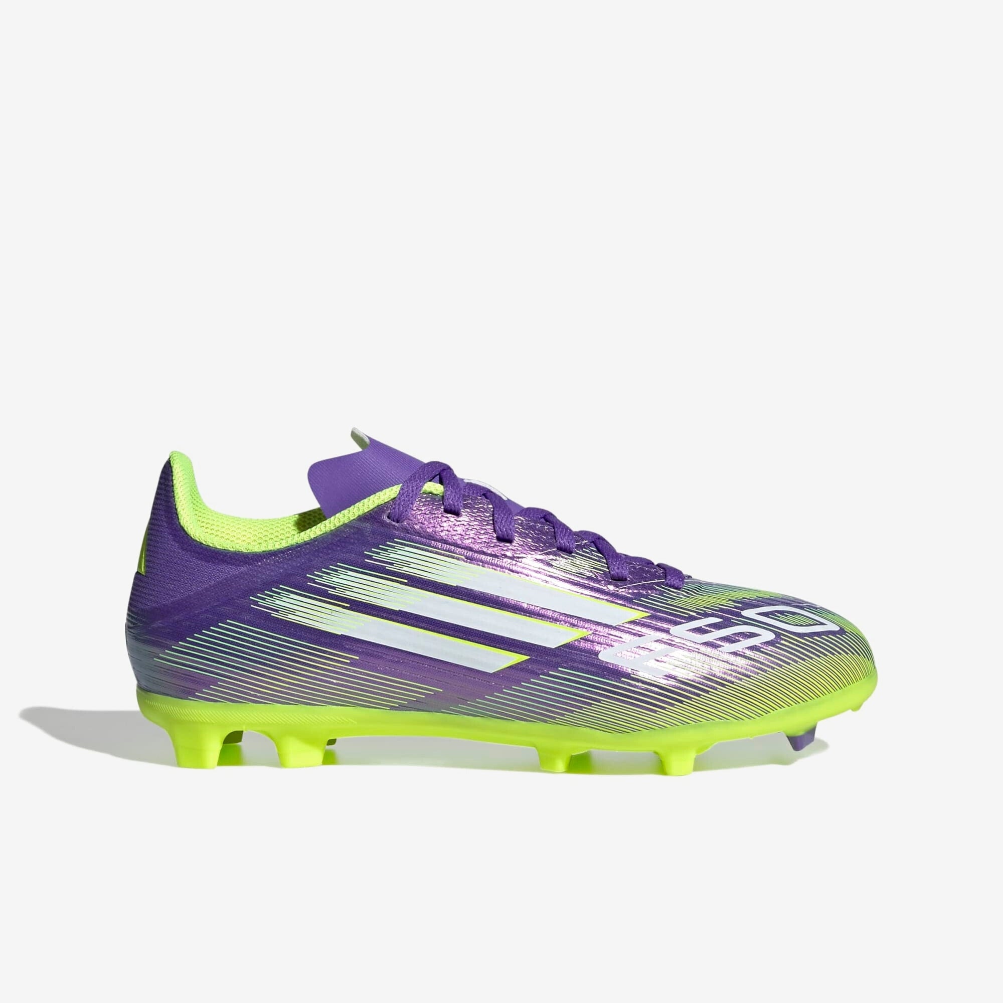 adidas Jr. F50 League Kids' Firm/Multi-Ground Low-Top Soccer Cleats - Purple Rush / Cloud White / Lucid Lemon