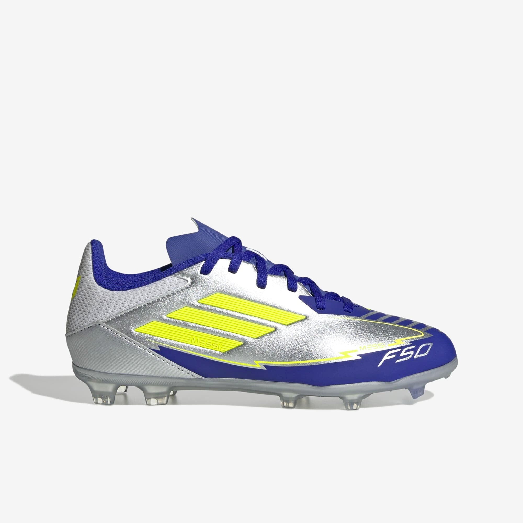 adidas Jr. F50 League Messi Little/Big Kids' FG/MG Low-Top Soccer Cleats - Silver Metallic / Solar Yellow / Lucid Blue
