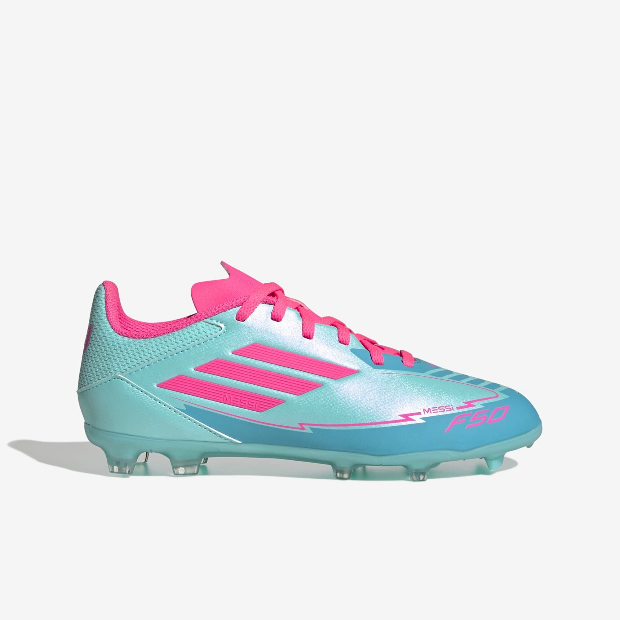 adidas Jr. F50 League Messi Little/Big Kids' FG/MG Low-Top Soccer Cleats - Flash Aqua / Lucid Pink / Lucid Cyan