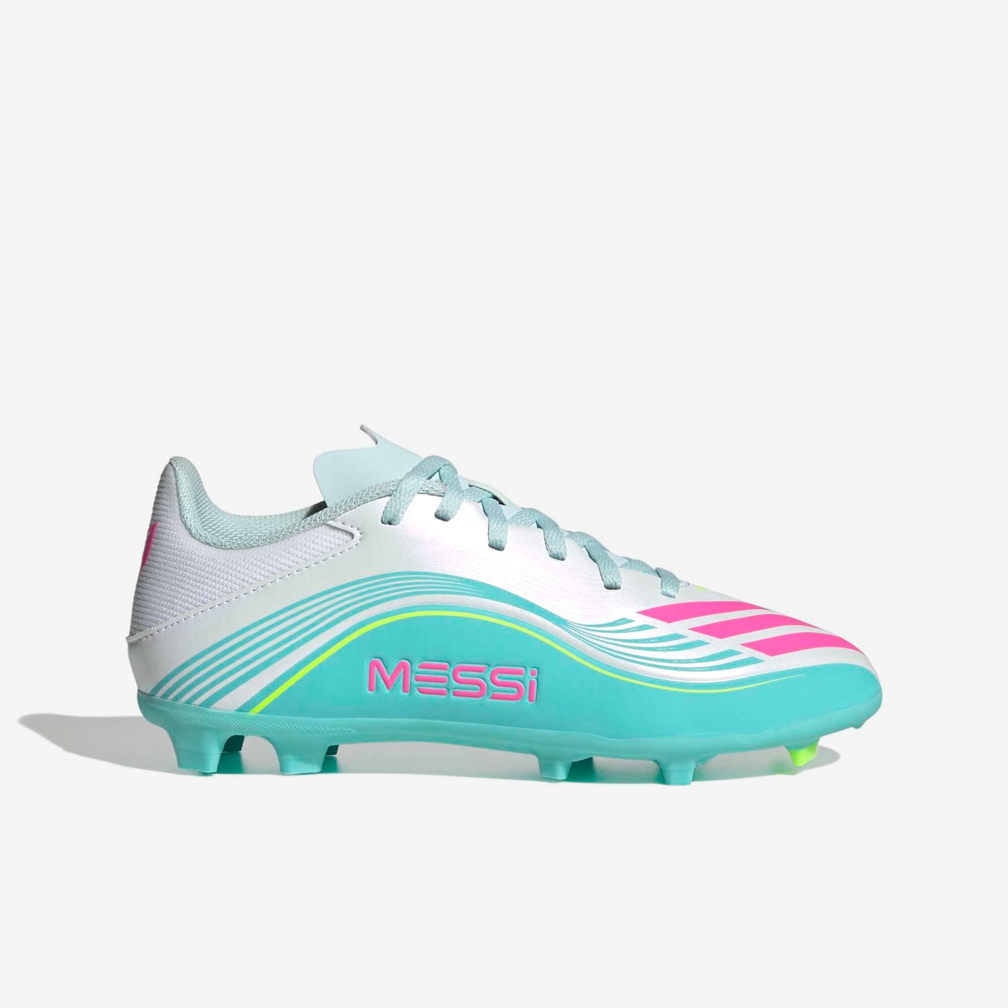 adidas Jr. F50 Messi League Big Kids' Firm/Multi-Ground Low-Top Soccer Cleats - Cloud White / Lucid Pink / Flash Aqua