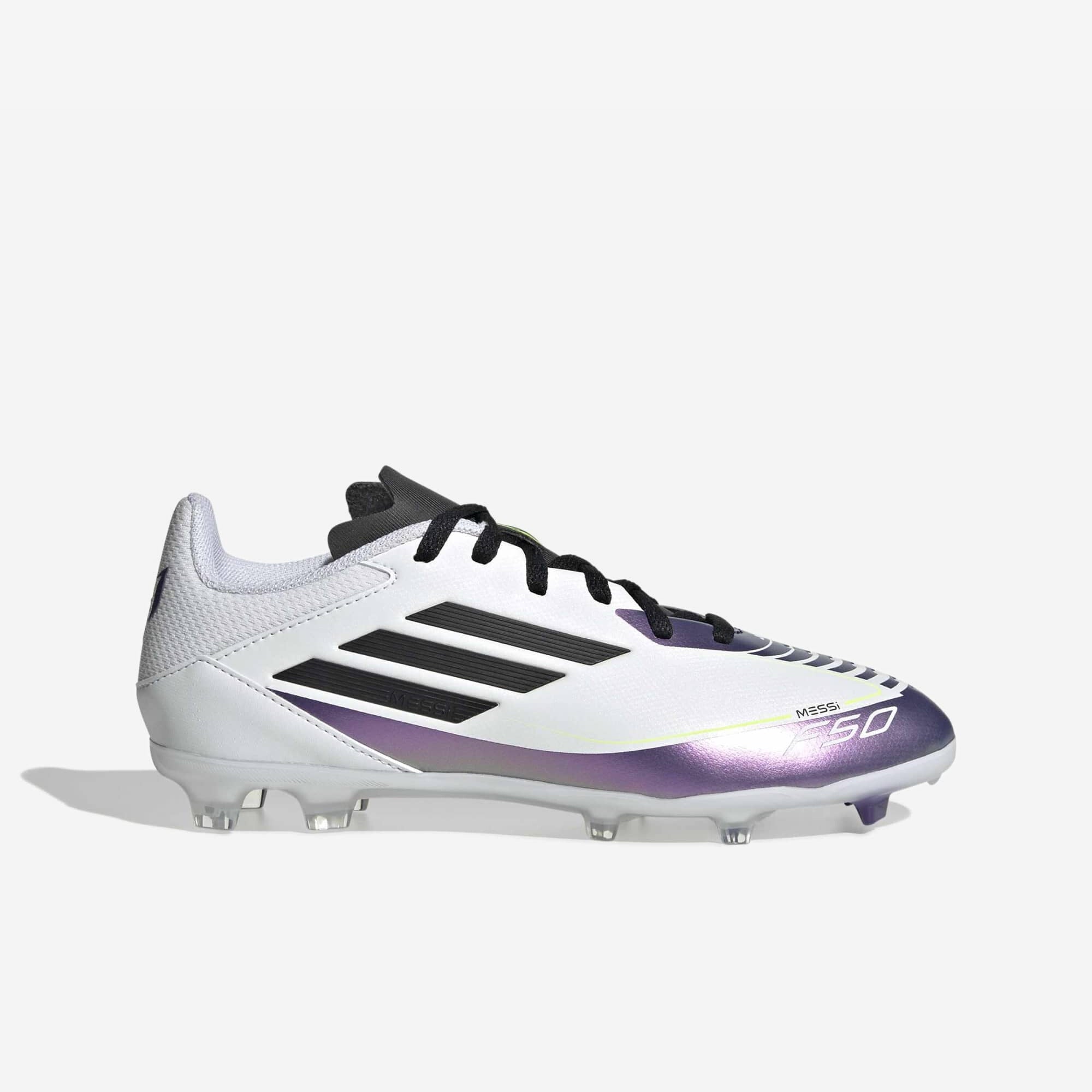 adidas Jr. Messi F50 League Big Kids' Firm/Multi-Ground Low-Top Soccer Cleats - Cloud White / Core Black / Purple