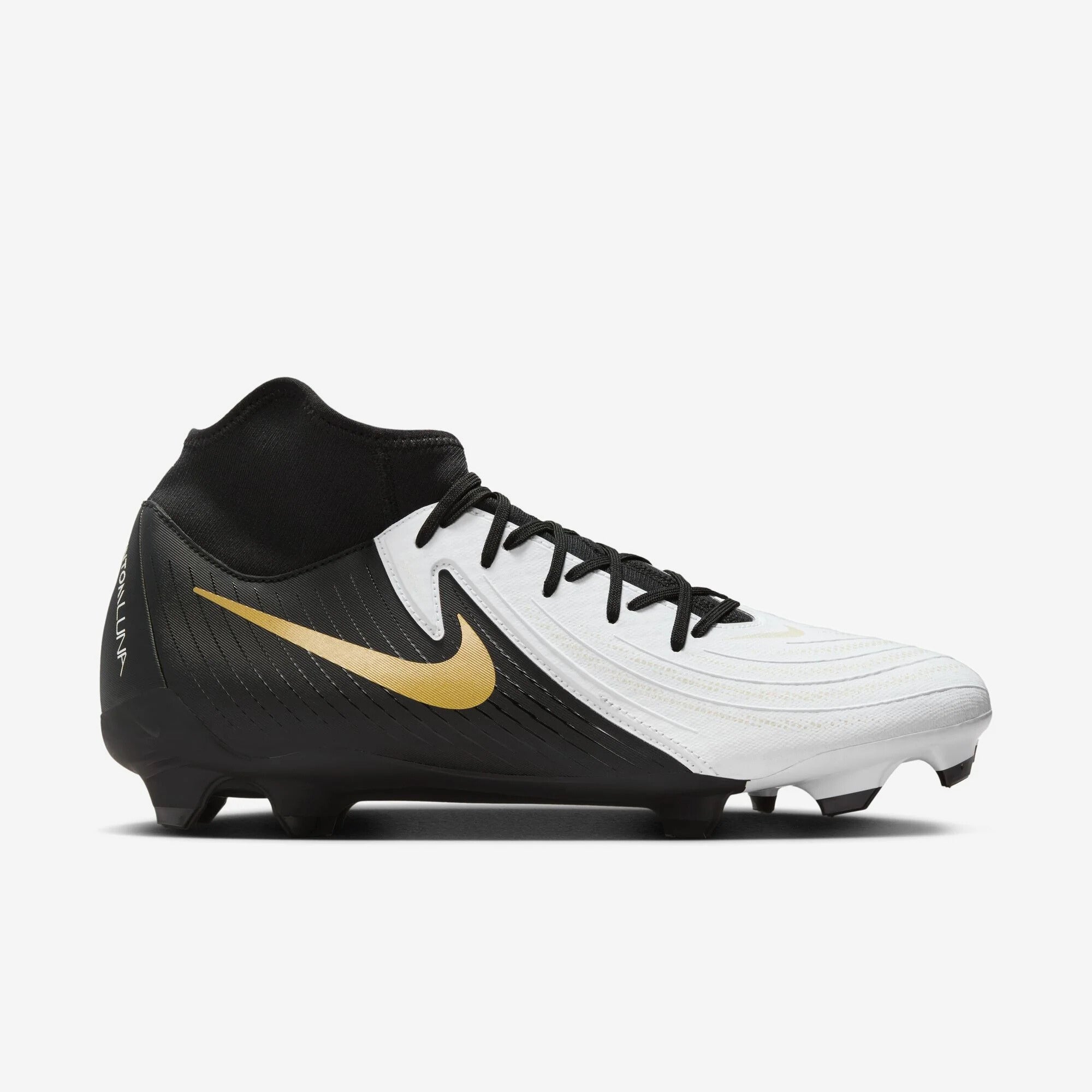 Nike Phantom Luna 2 Academy MG High-Top Soccer Cleats - White/Black/Metallic Gold Coin