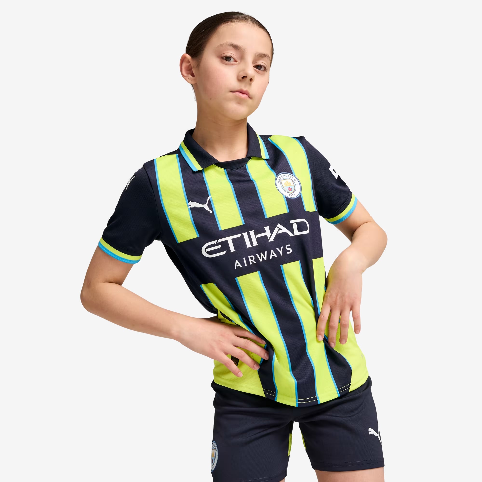 PUMA Manchester City 2024/25 Stadium Away Big Kids' dryCELL Soccer Replica Jersey - New Navy-Yellow Glow