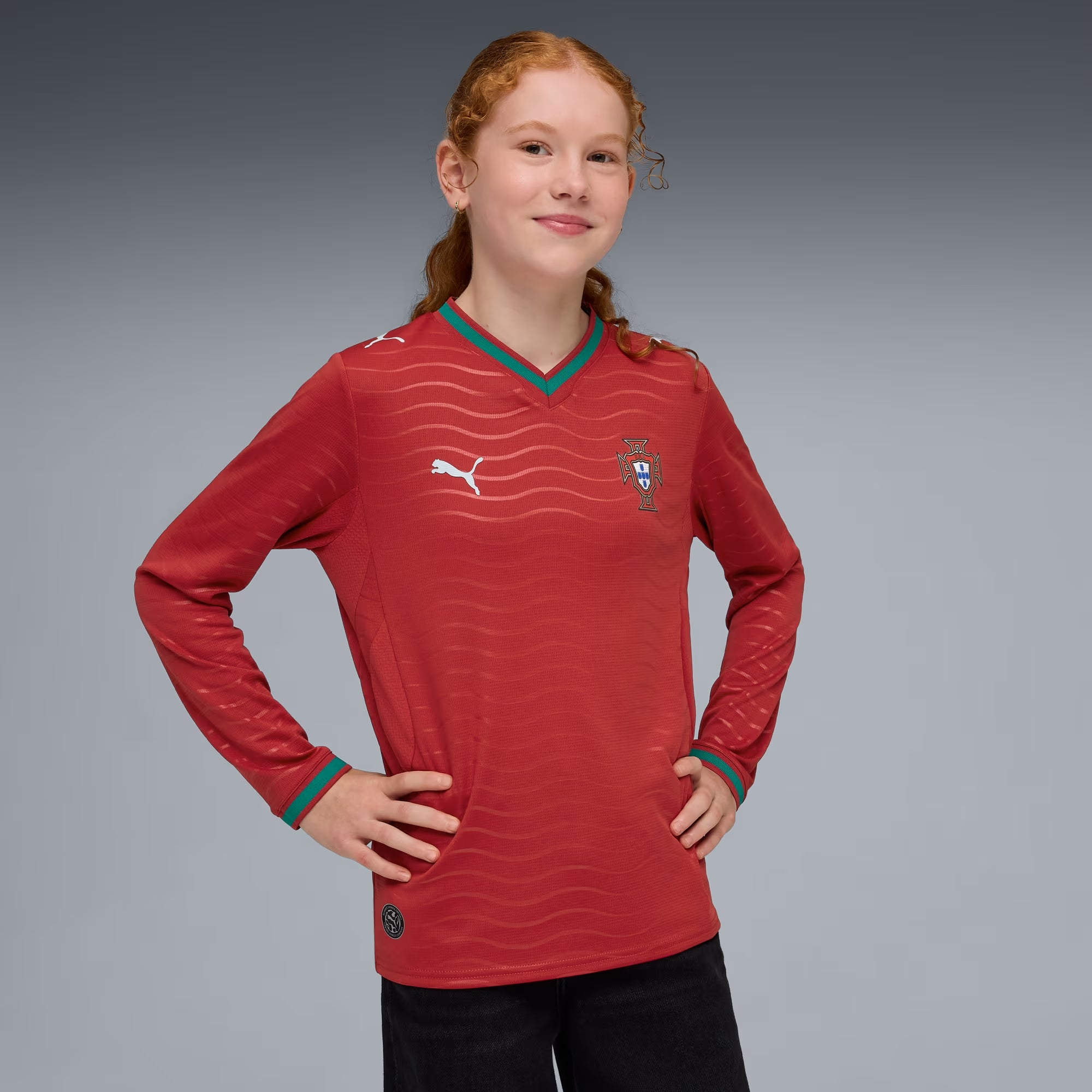 PUMA Portugal 2026 Stadium Home Big Kids' Long-Sleeve Soccer Jersey - Club Red-Green Lagoon