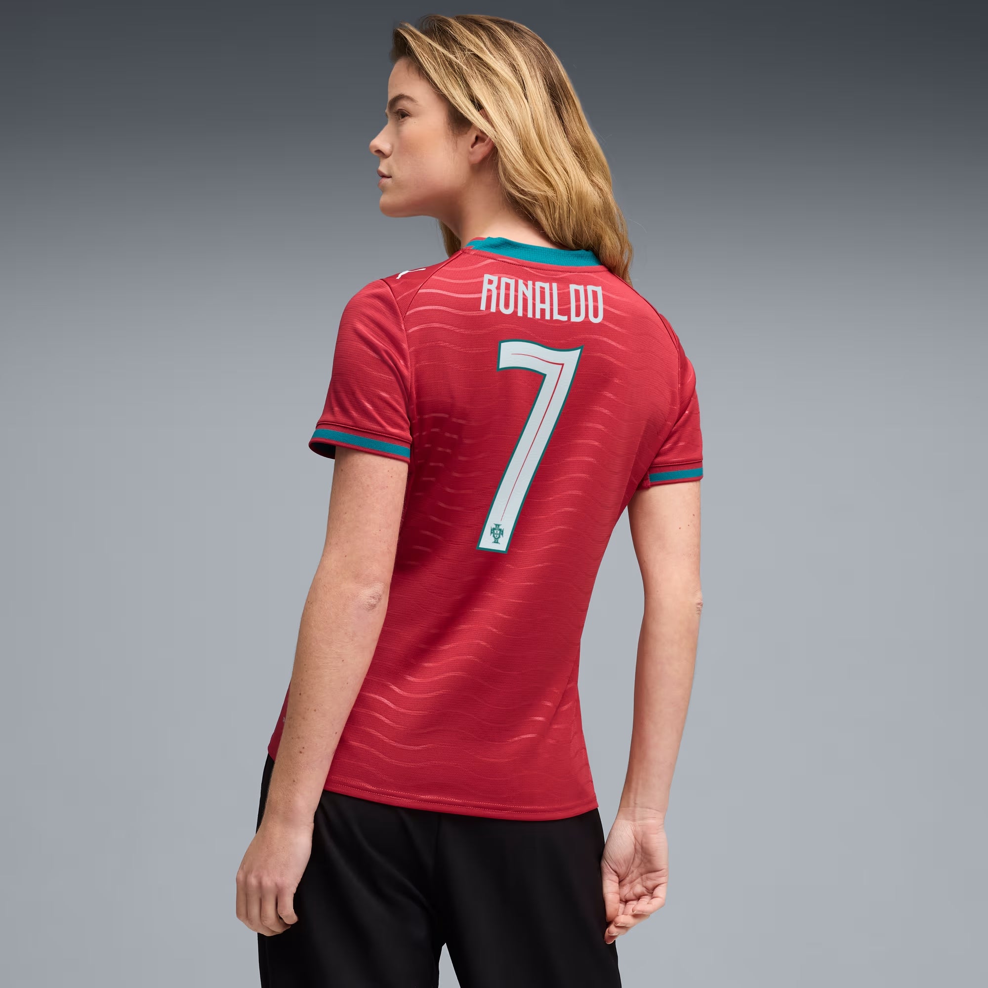 PUMA Portugal 2026 Stadium Home Ronaldo Women's Soccer Jersey - Club Red-Green Lagoon