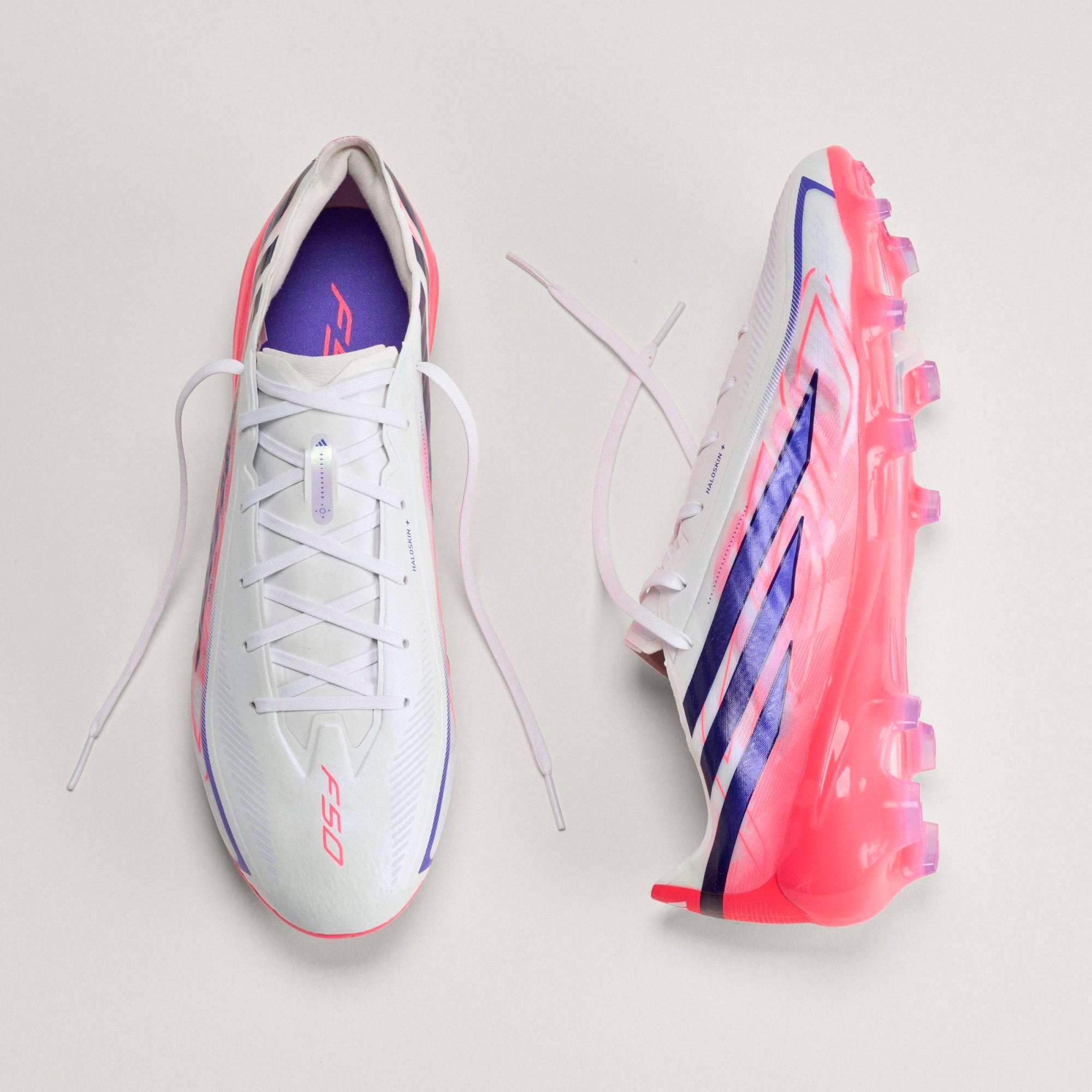 adidas F50 Hyperfast Pro Firm-Ground Low-Top Soccer Cleats - Ftwr White / Solar Purple / Solar Turbo