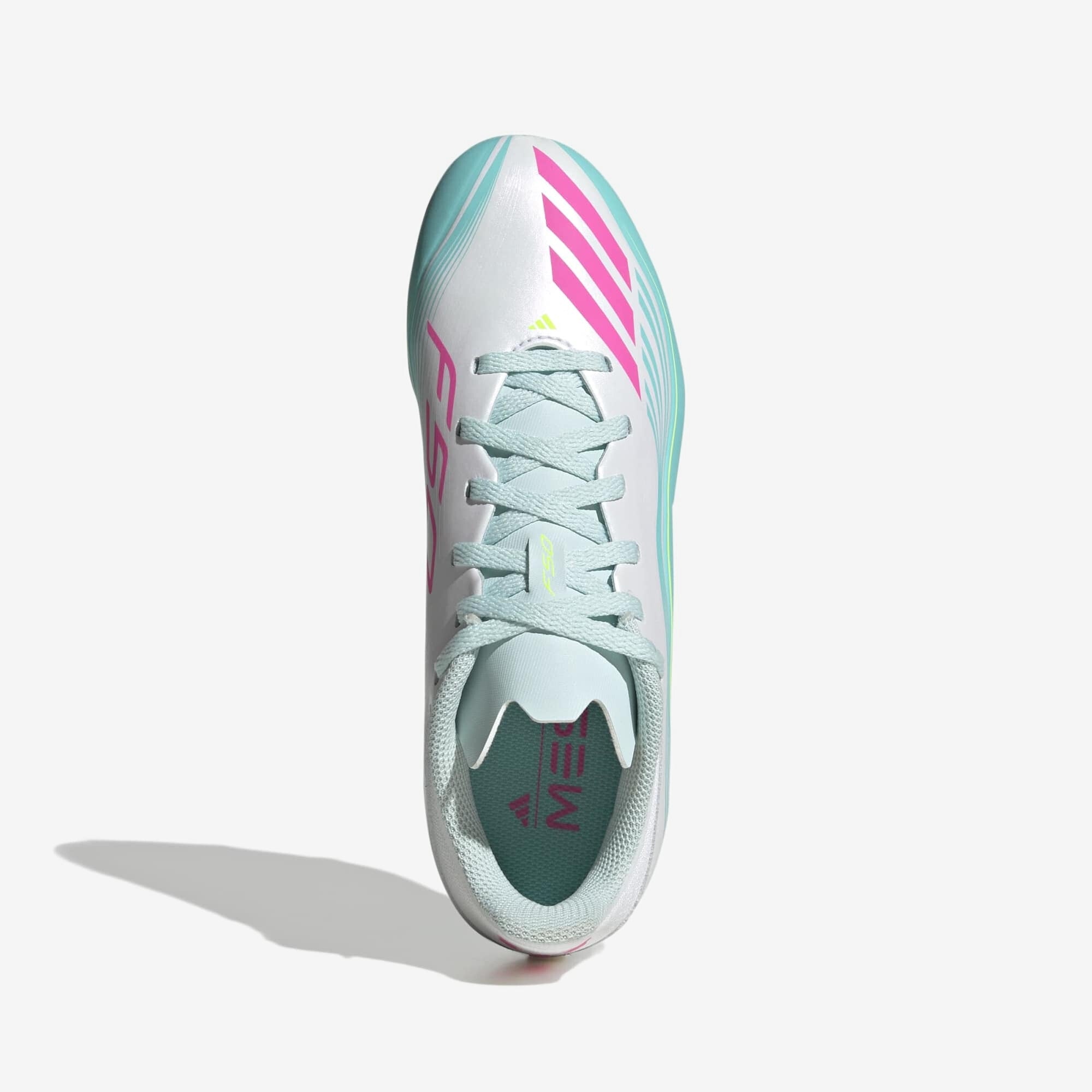 adidas Jr. F50 Messi League Big Kids' Firm/Multi-Ground Low-Top Soccer Cleats - Cloud White / Lucid Pink / Flash Aqua