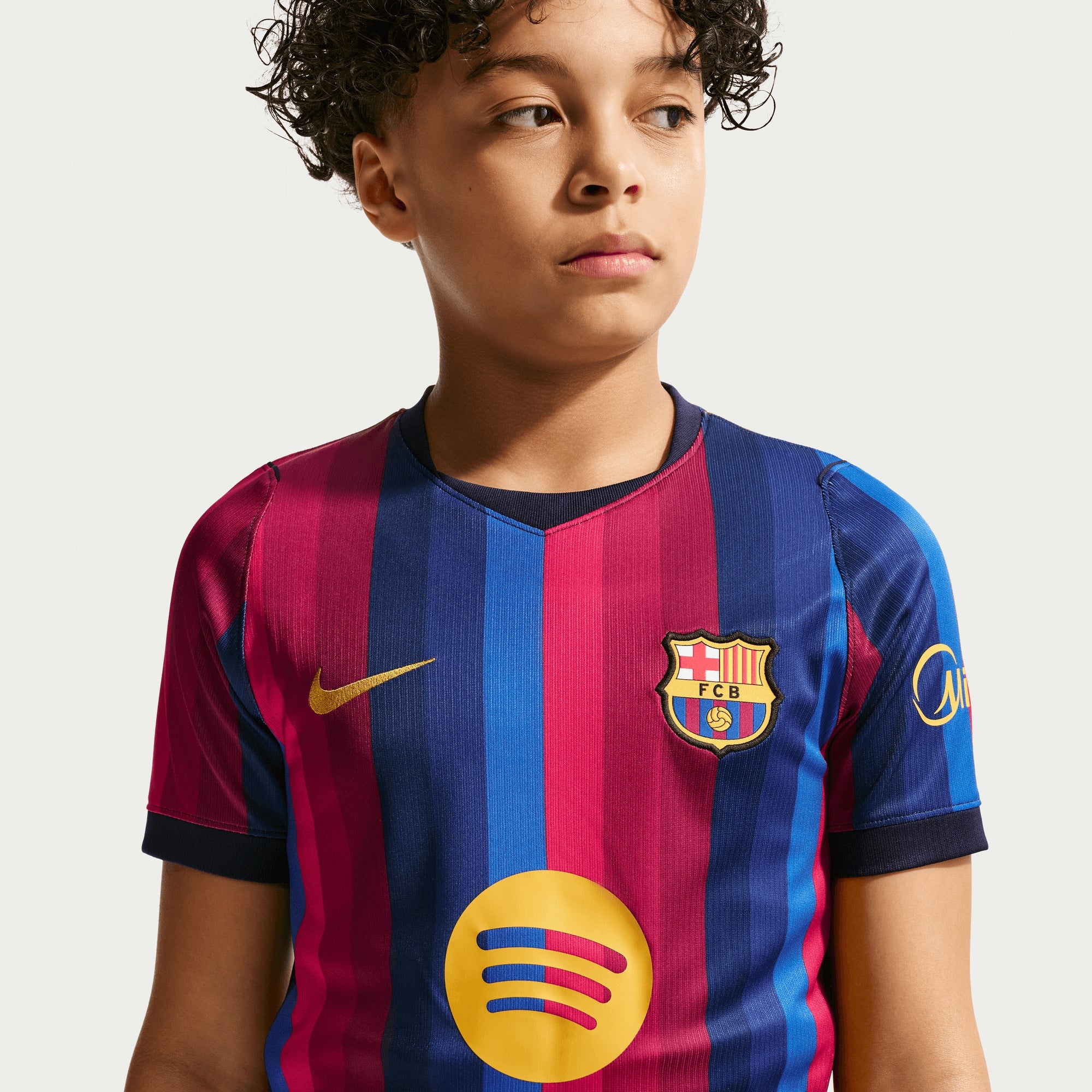 Nike FC Barcelona 2026/27 Stadium Home Big Kids' Dri-FIT Soccer Replica Jersey - Deep Garnet/Blue Void/Mineral Yellow