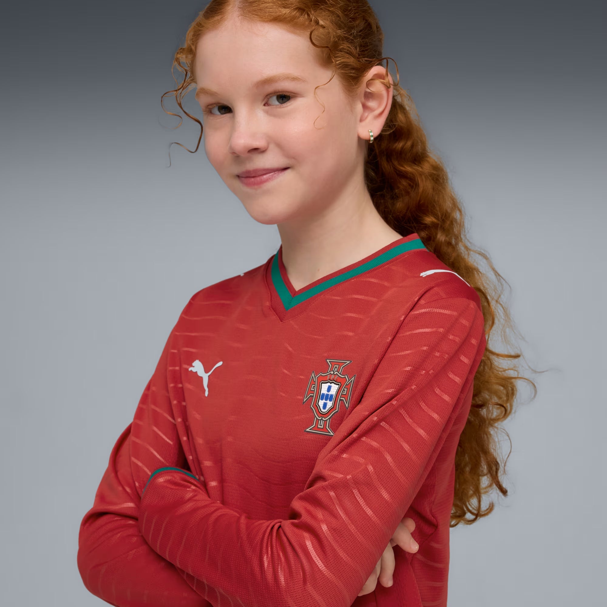 PUMA Portugal 2026 Stadium Home Big Kids' Long-Sleeve Soccer Jersey - Club Red-Green Lagoon