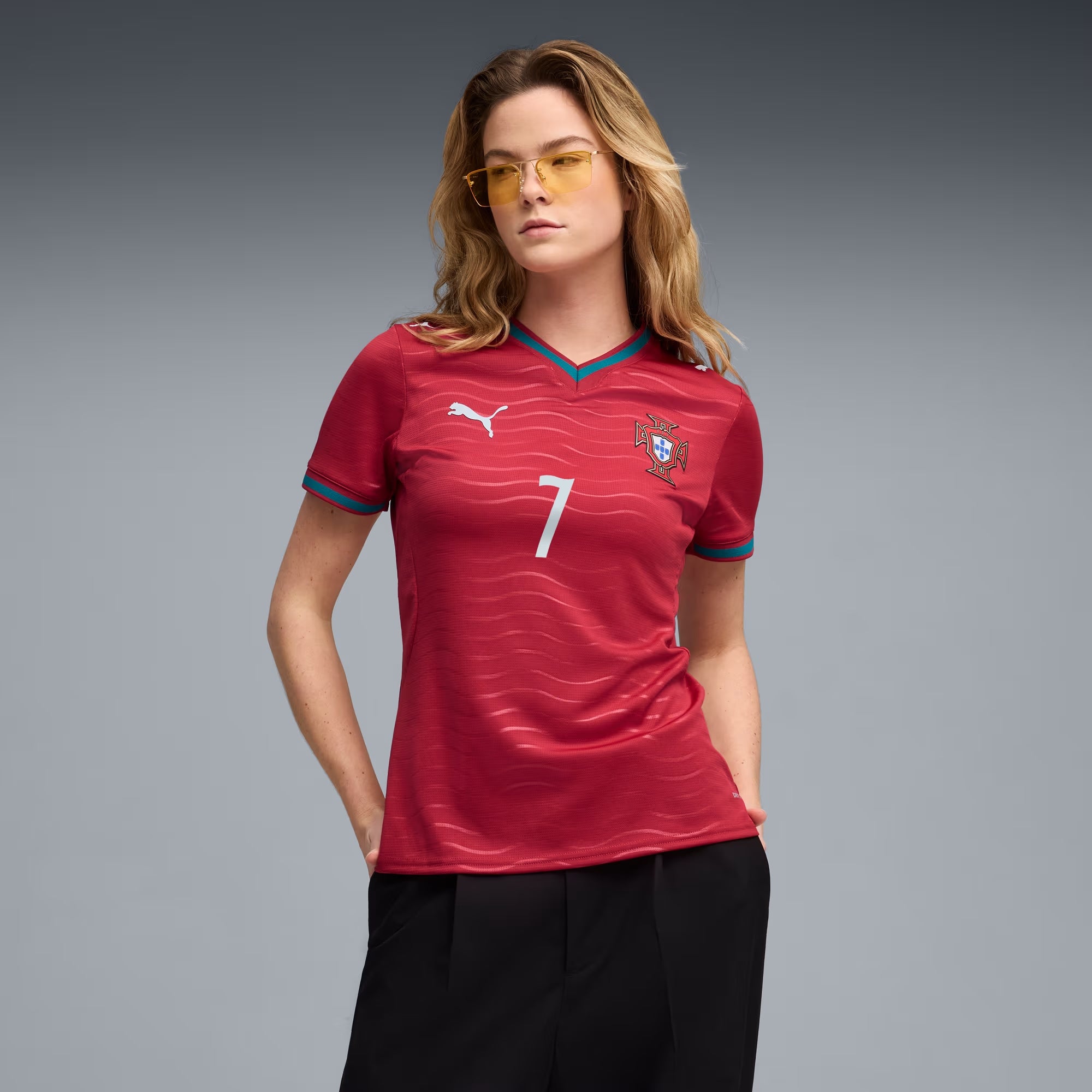 PUMA Portugal 2026 Stadium Home Ronaldo Women's Soccer Jersey - Club Red-Green Lagoon