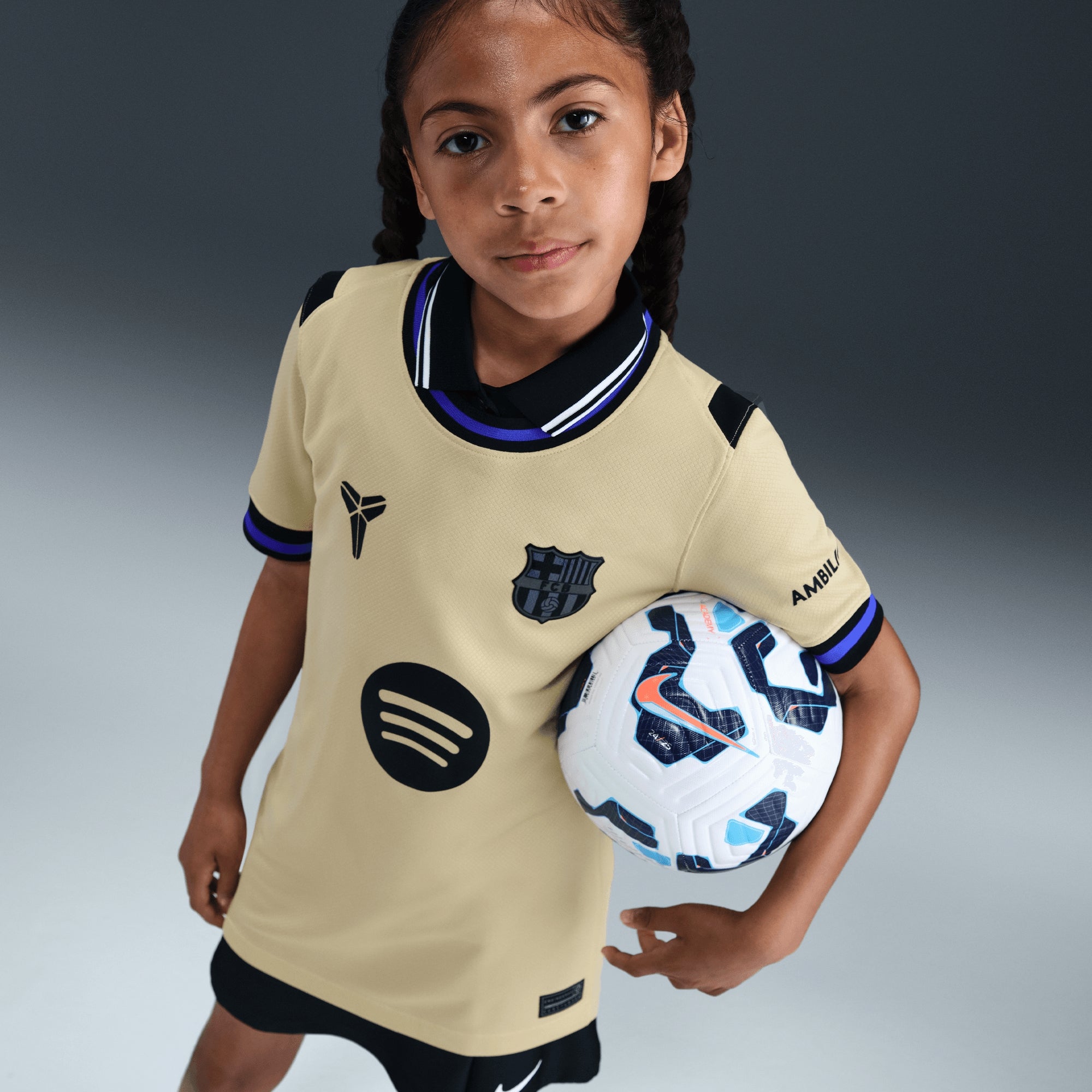 Nike FC Barcelona 2025/26 Stadium Away Big Kids' Kobe Dri-FIT Soccer Replica Jersey - Team Gold/Team Gold/Persian Violet/Black
