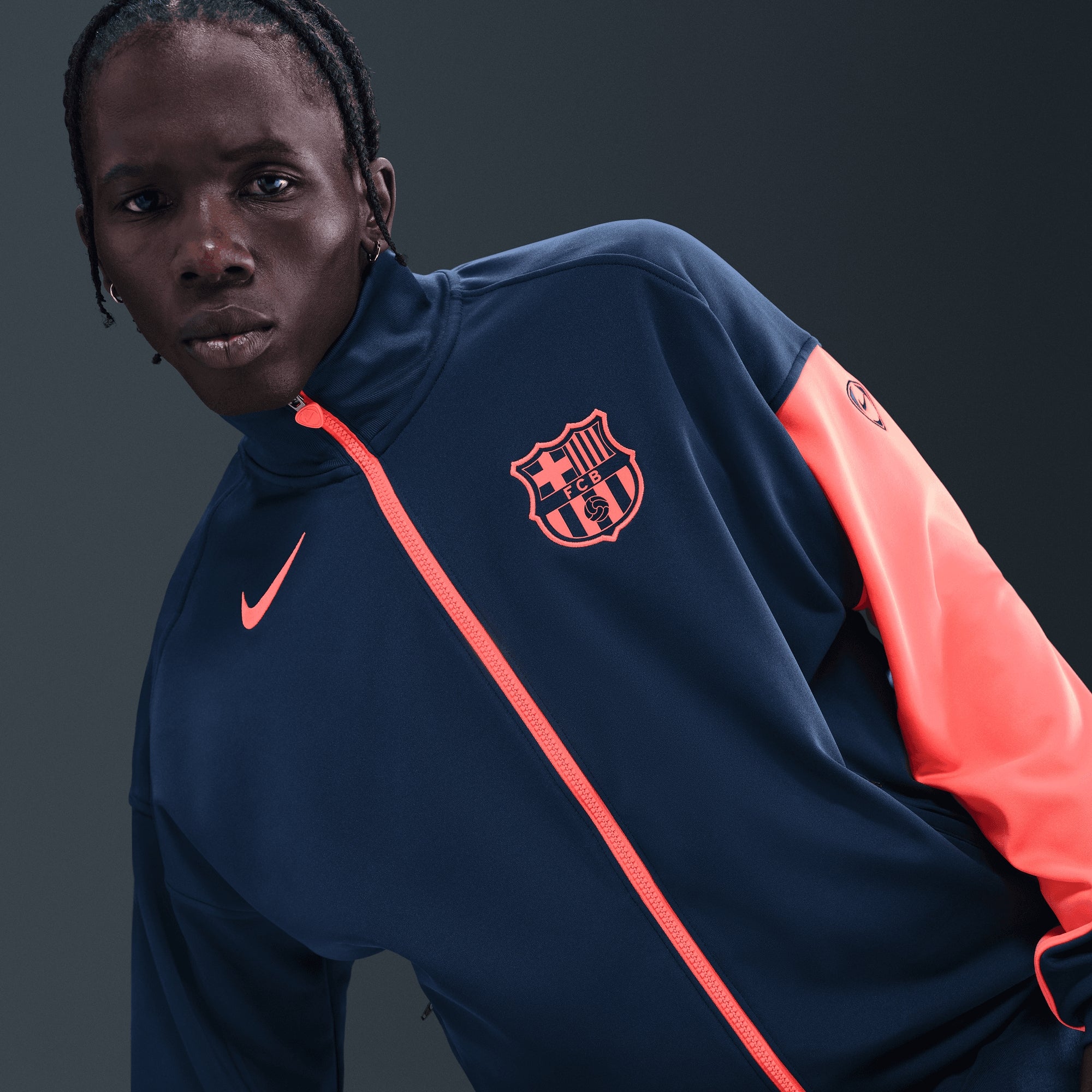 Nike FC Barcelona Academy Pro Third Men's Dri-FIT Total 90 Soccer Anthem Jacket - Midnight Navy/Bright Mango/Bright Mango