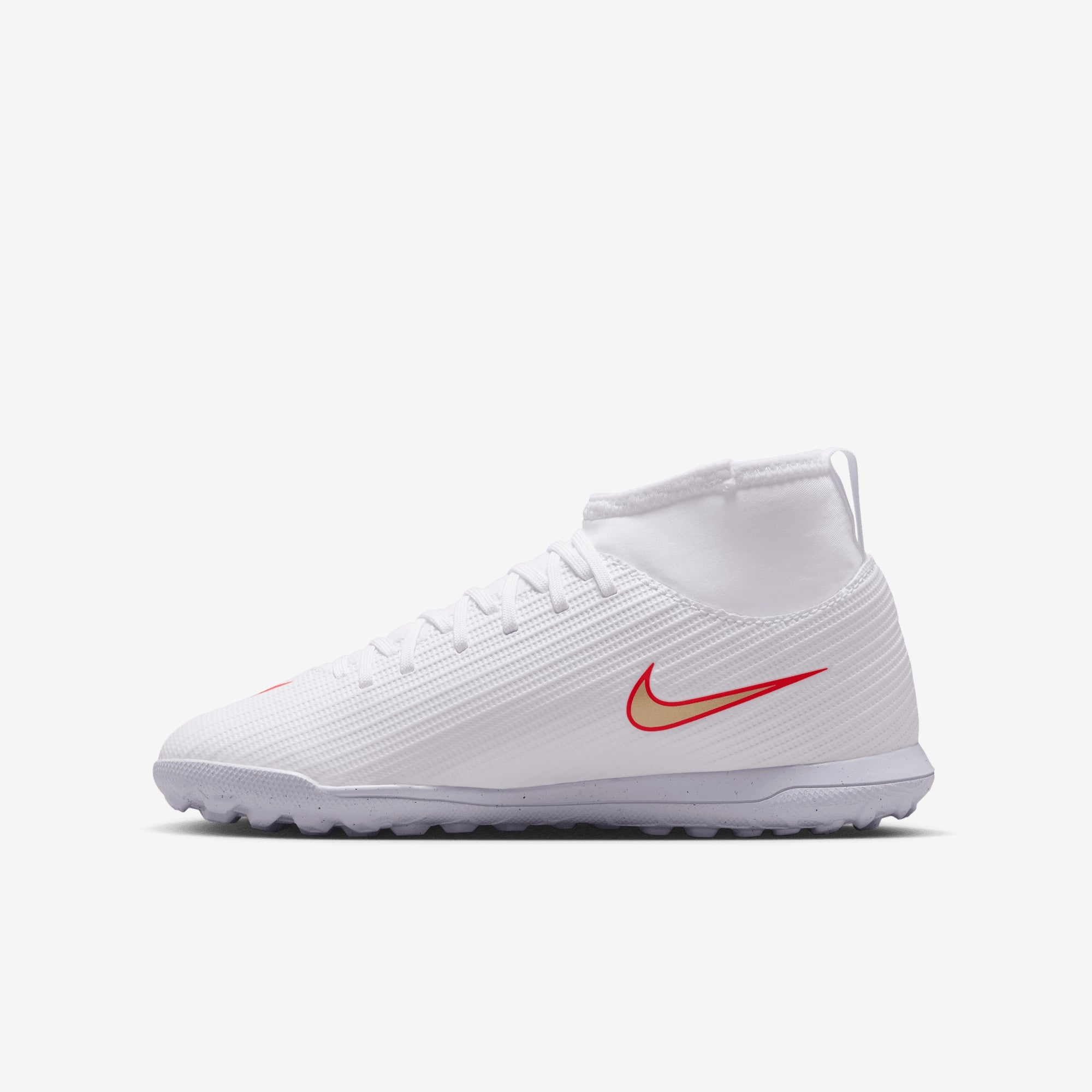 Nike Jr. Mercurial Superfly 11 Club Big Kids' Turf High-Top Soccer Shoes - White/Blur-Bright Crimson
