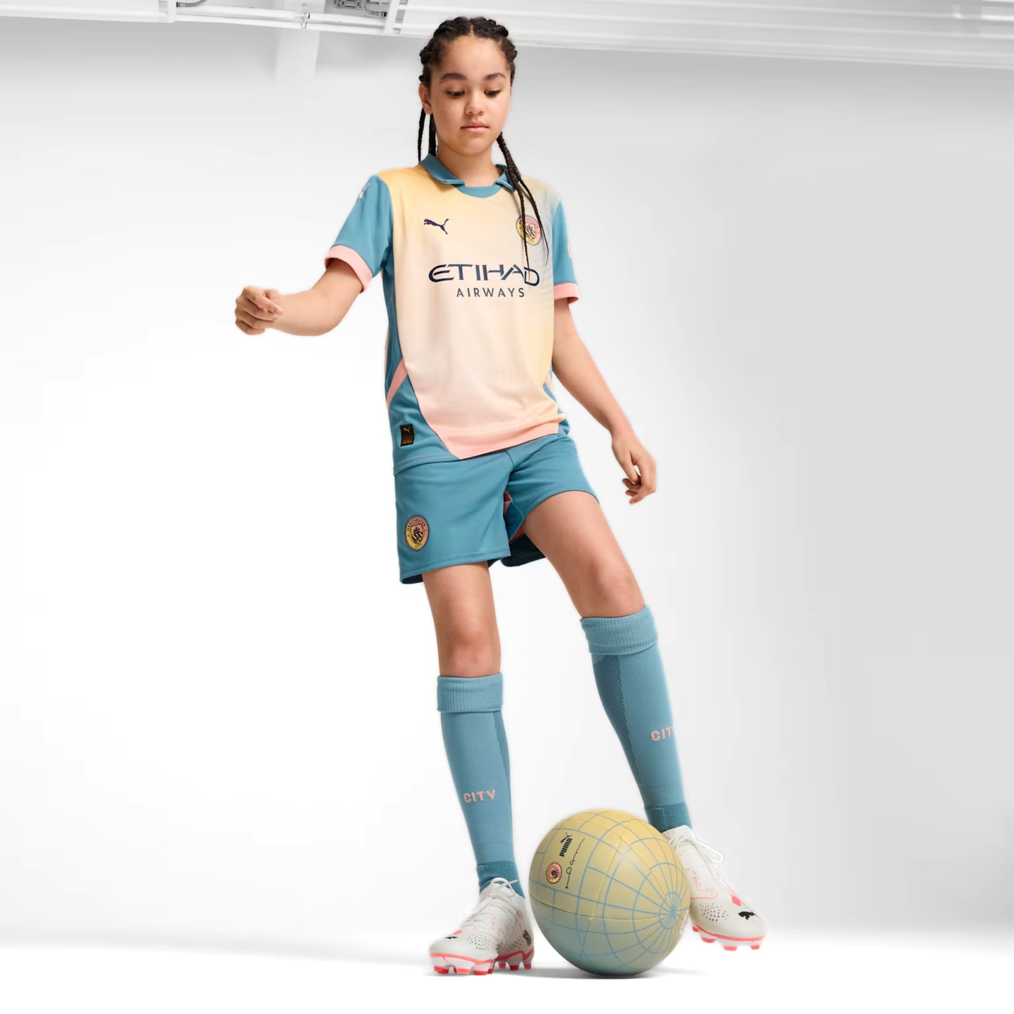 PUMA Manchester City 2024/25 Stadium Fourth Big Kids' dryCELL Soccer Replica Jersey - Rosebay-Bold Blue