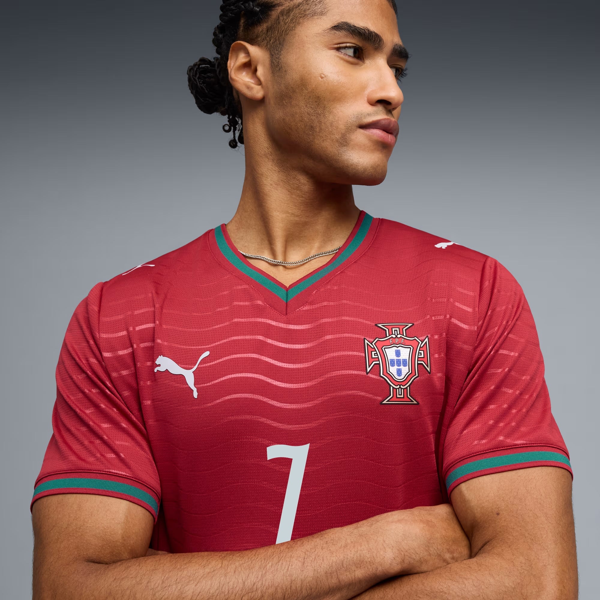 PUMA Portugal 2026 Stadium Home Ronaldo Men's Soccer Jersey - Club Red-Green Lagoon