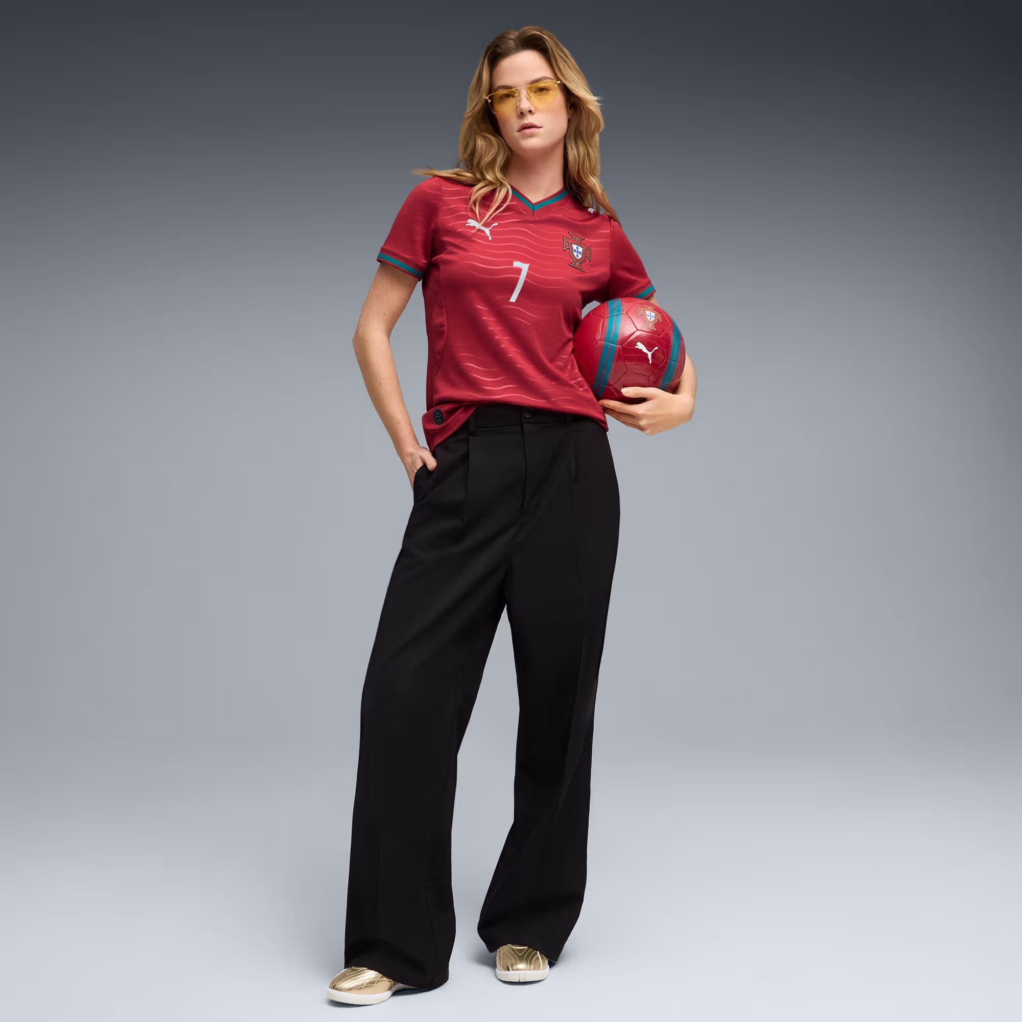 PUMA Portugal 2026 Stadium Home Ronaldo Women's Soccer Jersey - Club Red-Green Lagoon