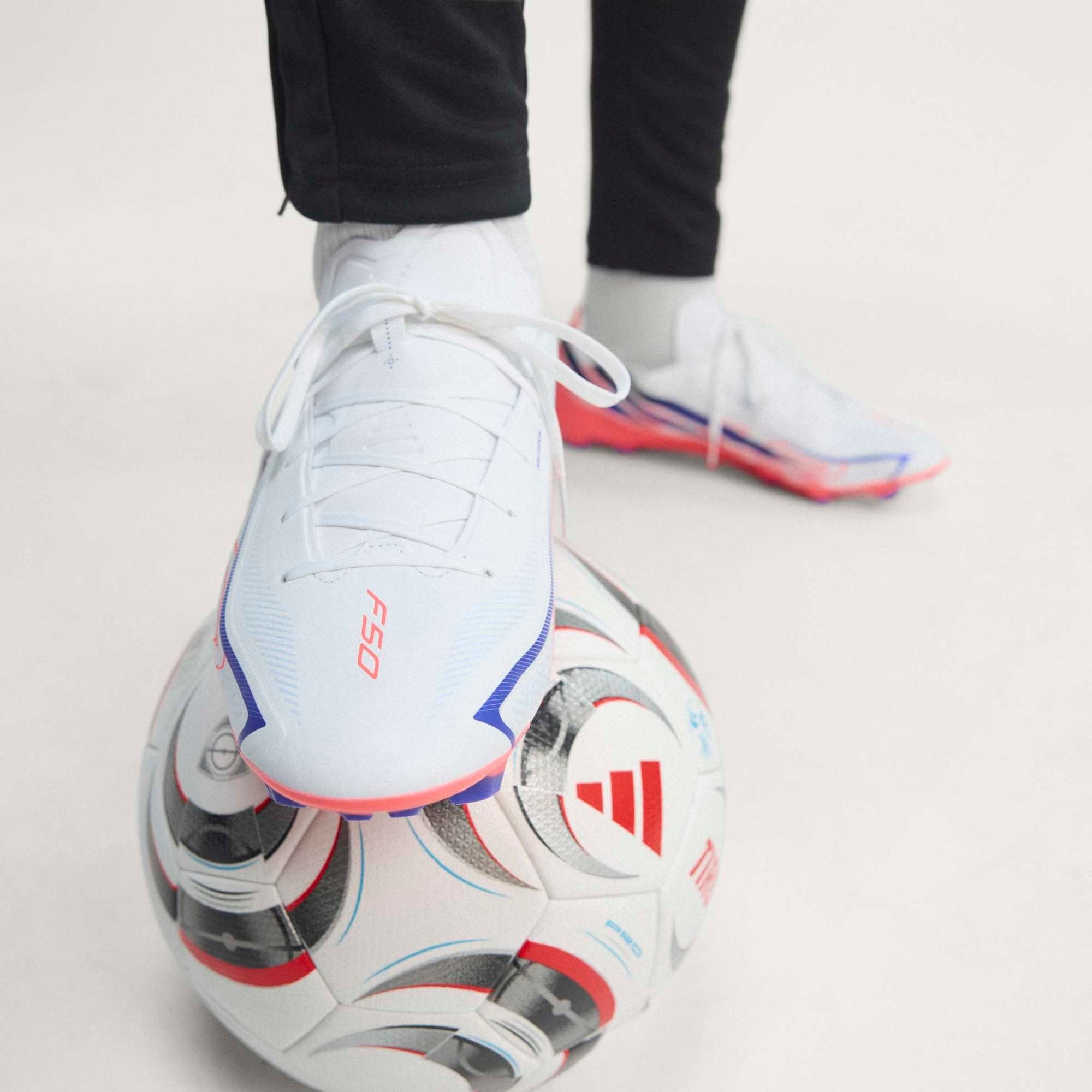 adidas F50 Hyperfast League Firm-Ground Low-Top Soccer Cleats - Ftwr White / Solar Purple / Solar Turbo