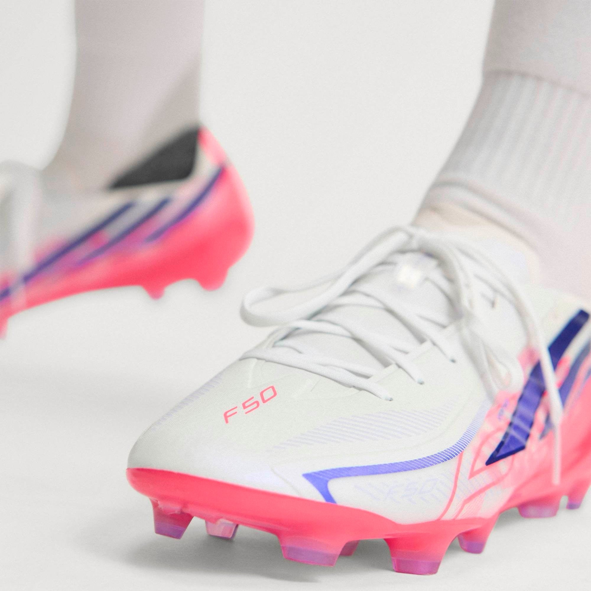 adidas F50 Hyperfast Pro Firm-Ground Low-Top Soccer Cleats - Ftwr White / Solar Purple / Solar Turbo