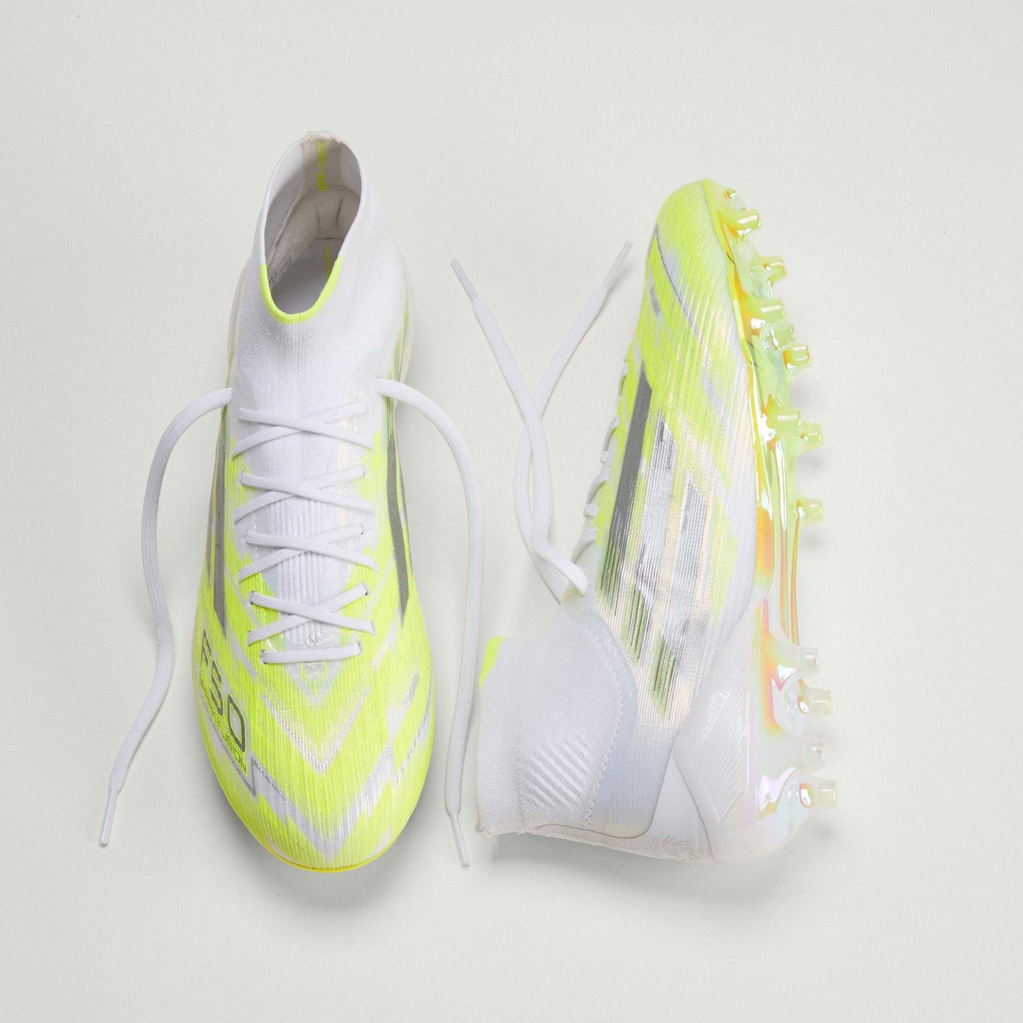 adidas F50 Sparkfusion Elite Mid Cut Firm Ground/Artificial Grass Soccer Cleats - Cloud White / Iron Metallic / Hi-Res Yellow