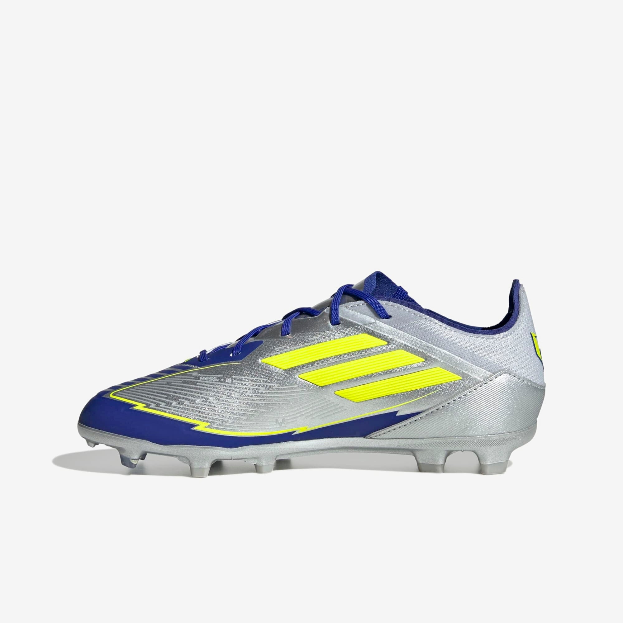 adidas Jr. F50 Elite Messi Big Kids' FG Low-Top Soccer Cleats - Silver Metallic / Solar Yellow / Lucid Blue