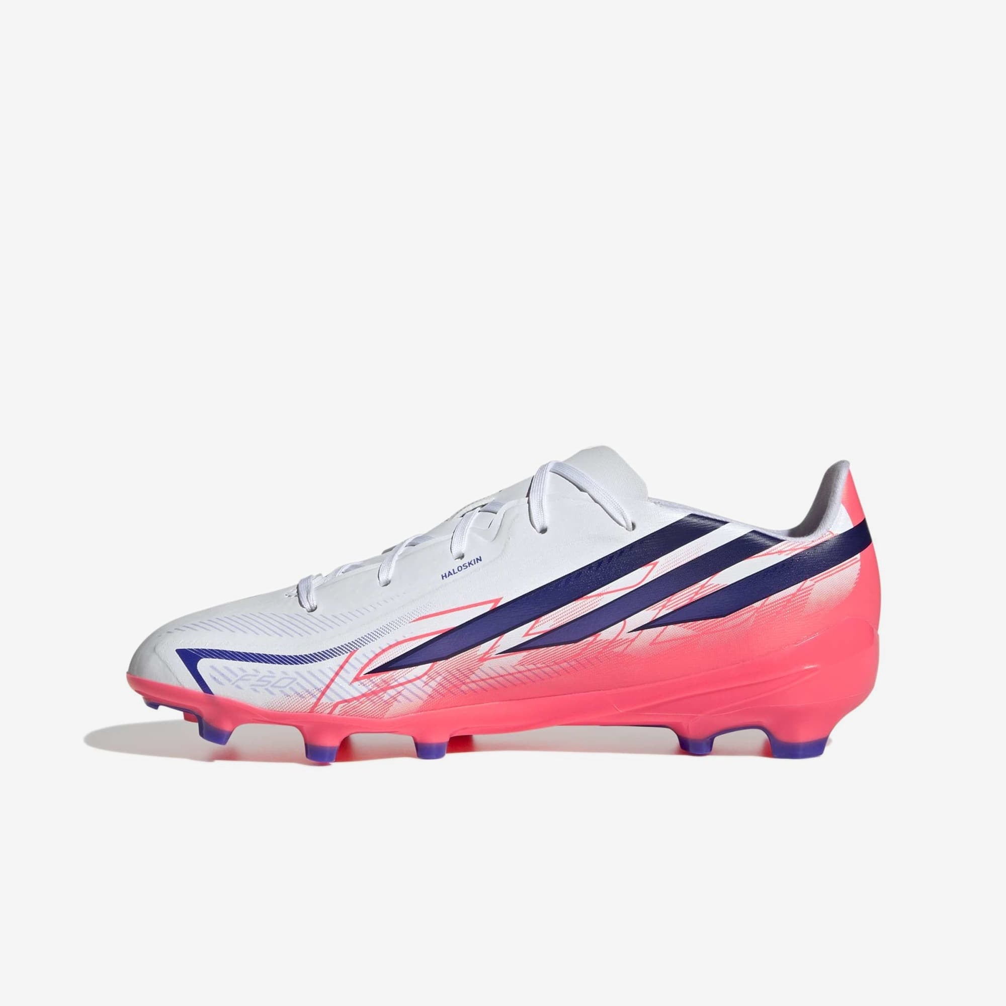 adidas Jr. F50 Hyperfast League Firm-Ground Low-Top Soccer Cleats - Ftwr White / Solar Purple / Solar Turbo