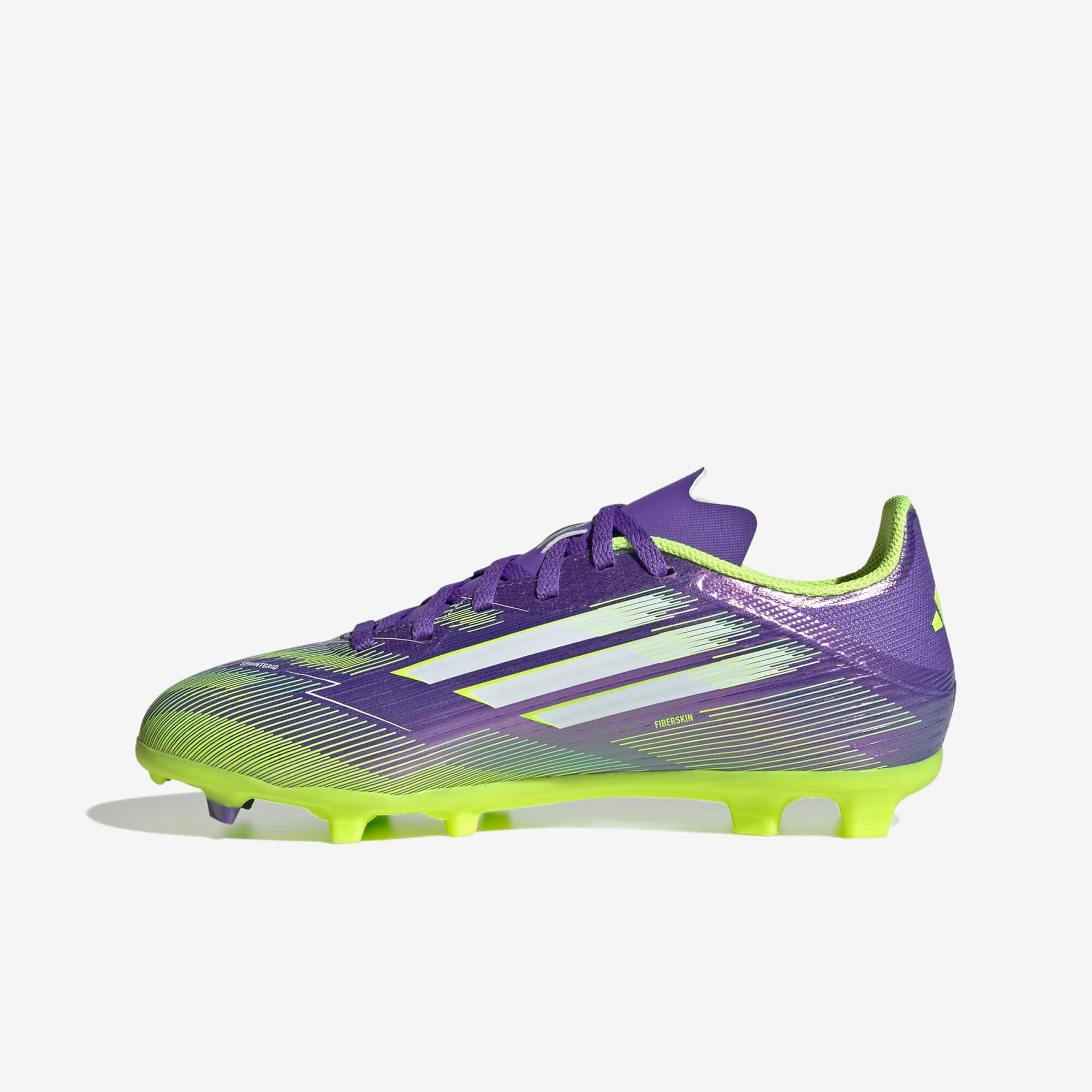 adidas Jr. F50 League Kids' Firm/Multi-Ground Low-Top Soccer Cleats - Purple Rush / Cloud White / Lucid Lemon