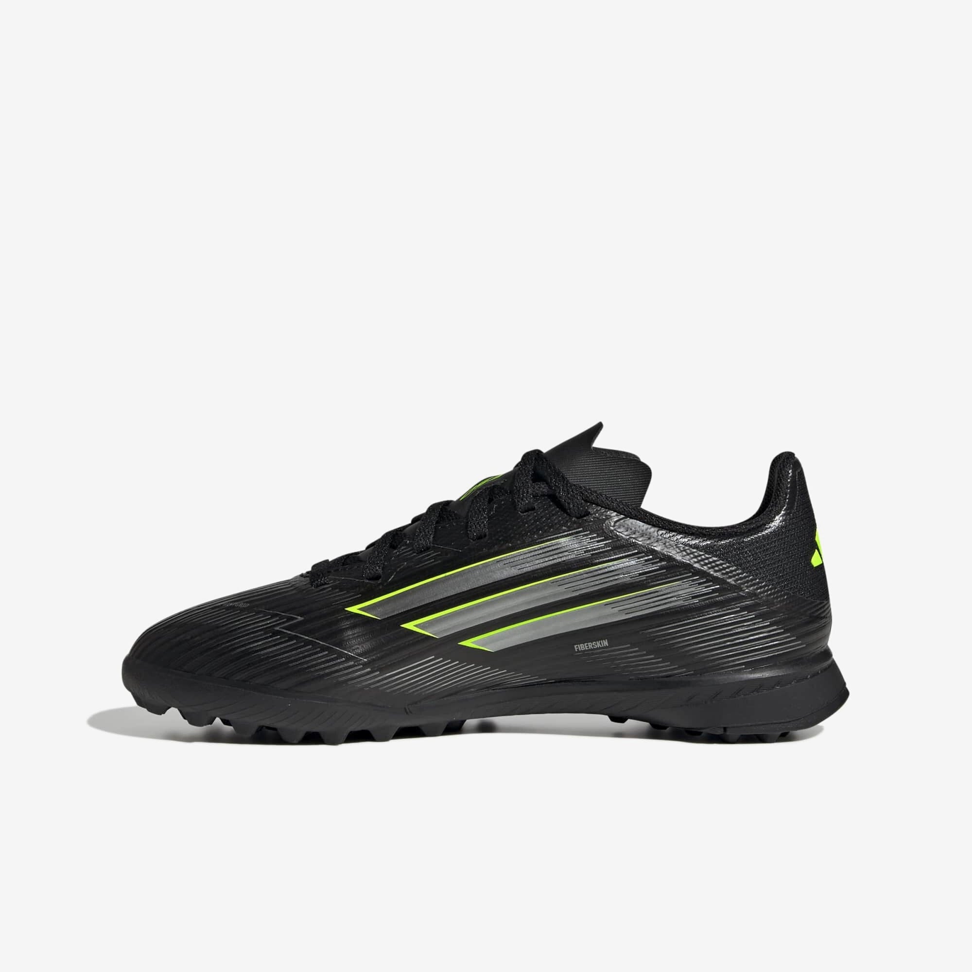 adidas Jr. F50 League Big Kids' Turf Low-Top Soccer Shoes - Core Black / Iron Metallic / Lucid Lemon
