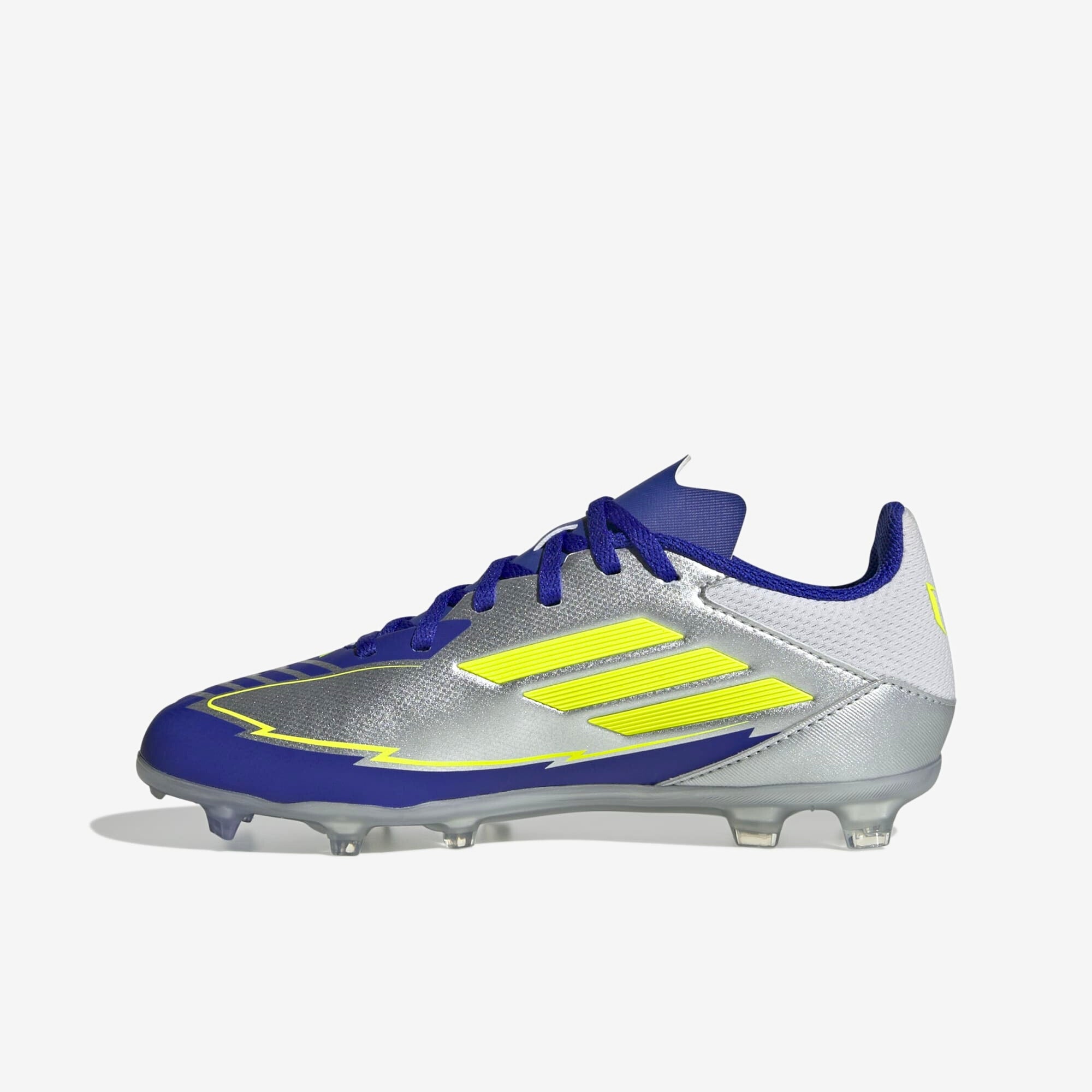 adidas Jr. F50 League Messi Little/Big Kids' FG/MG Low-Top Soccer Cleats - Silver Metallic / Solar Yellow / Lucid Blue