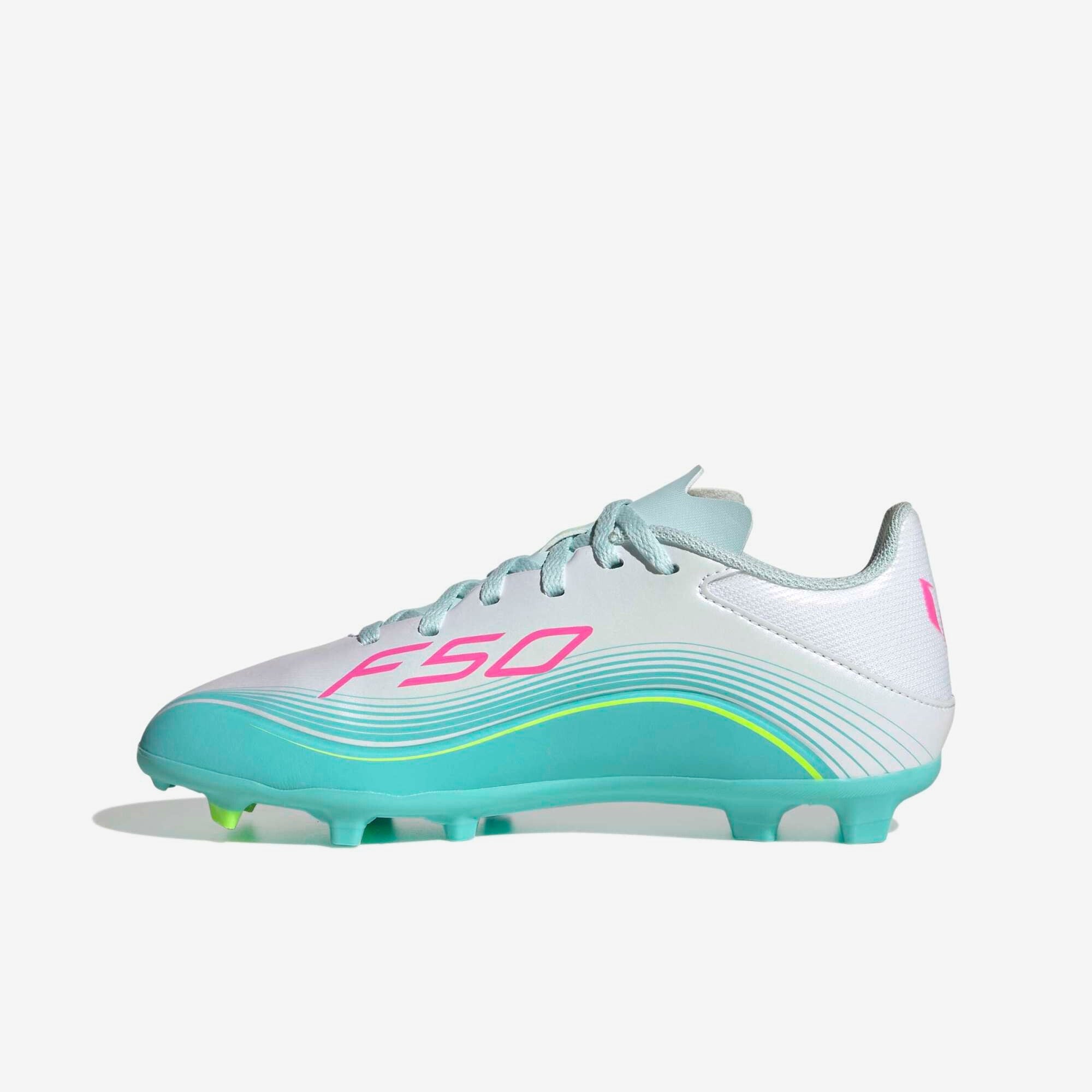 adidas Jr. F50 Messi League Big Kids' Firm/Multi-Ground Low-Top Soccer Cleats - Cloud White / Lucid Pink / Flash Aqua