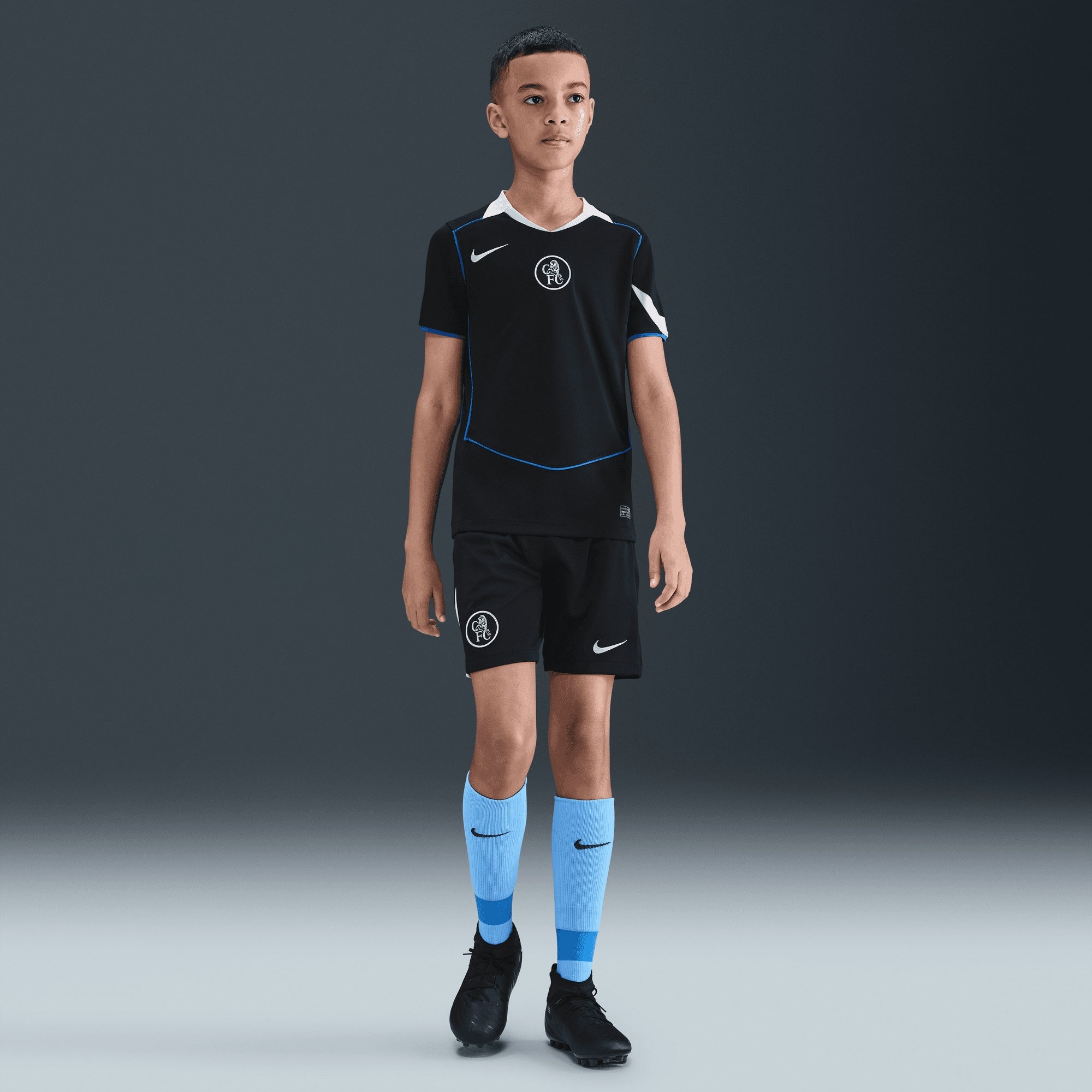 Nike Chelsea 2025/26 Stadium Third Big Kids' Dri-FIT Total 90 Soccer Replica Jersey - Black/Field Silver/Field Silver