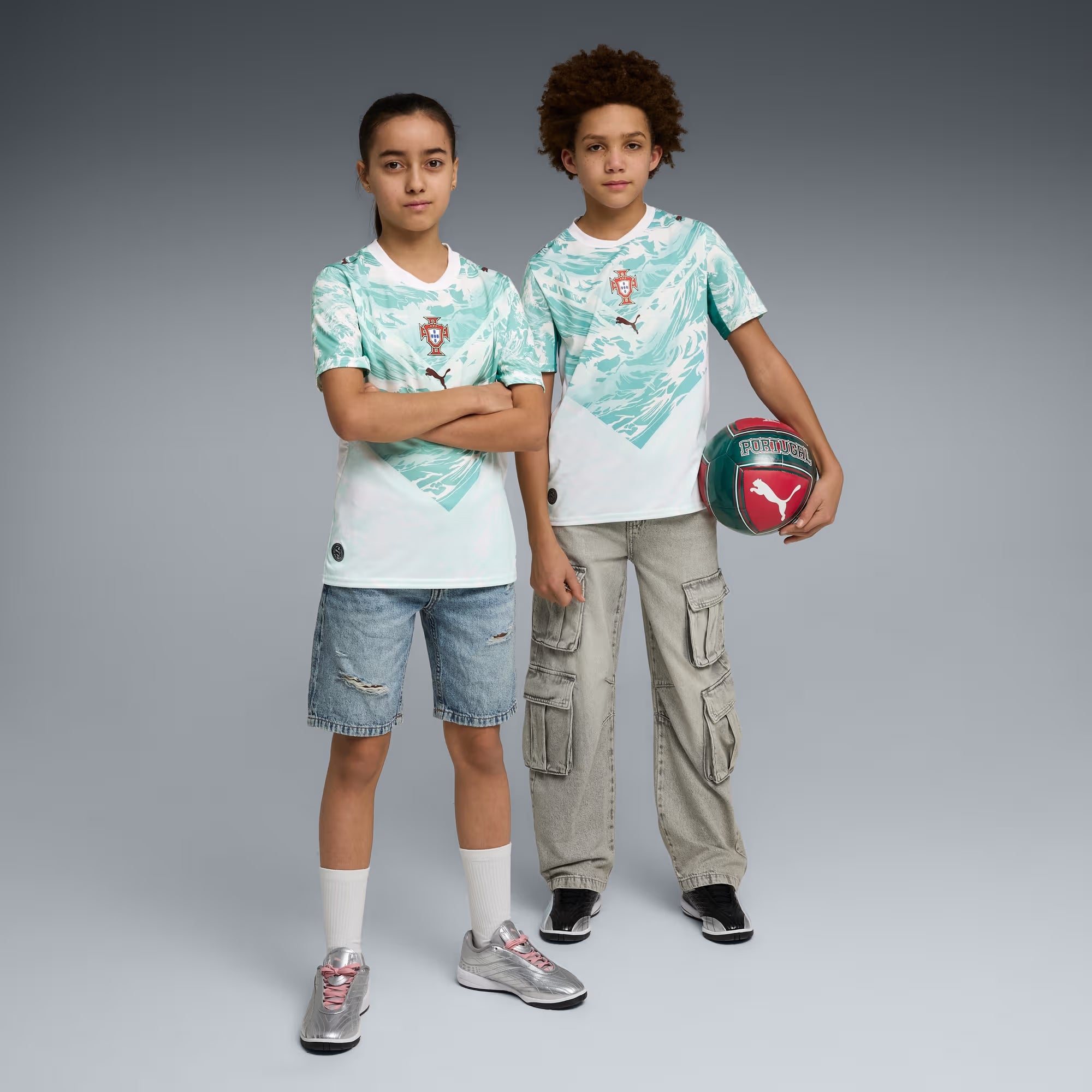 PUMA Portugal 2026 Stadium Away Big Kids' Soccer Jersey - PUMA White-Green Lagoon