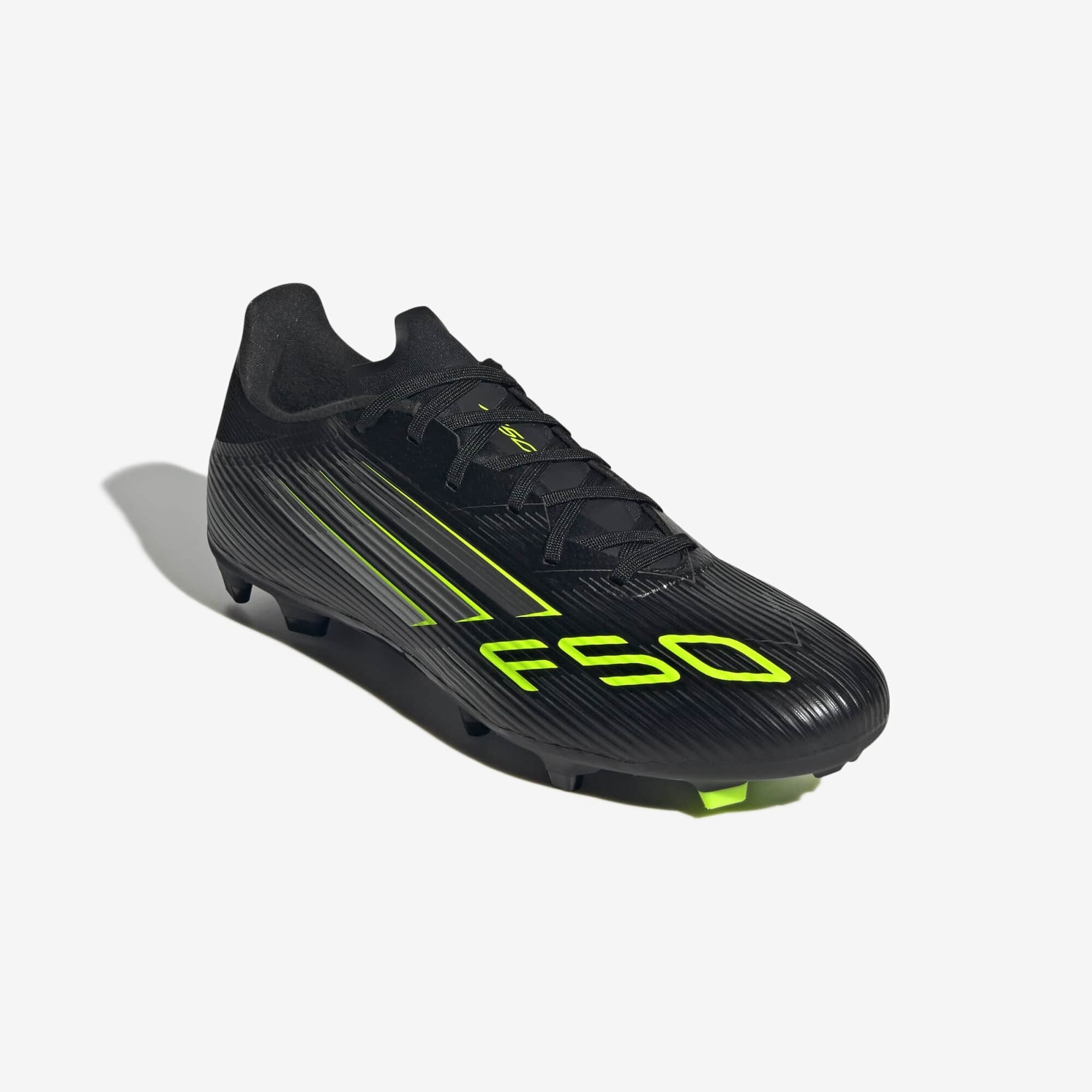 adidas F50 League Firm/Multi-Ground Low-Top Soccer Cleats - Core Black / Iron Metallic / Lucid Lemon