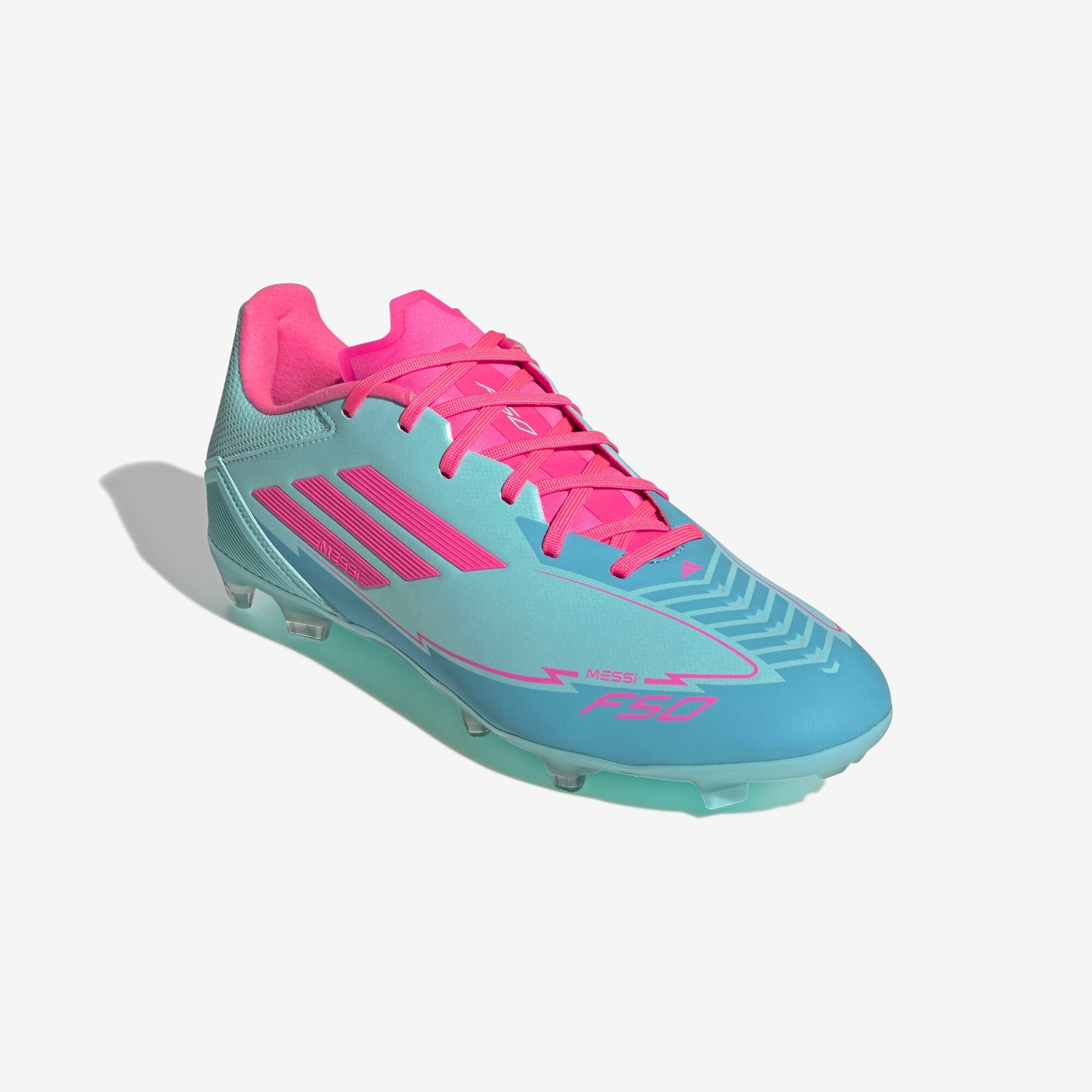 adidas F50 League Messi FG/MG Low-Top Soccer Cleats - Flash Aqua / Lucid Pink / Lucid Cyan