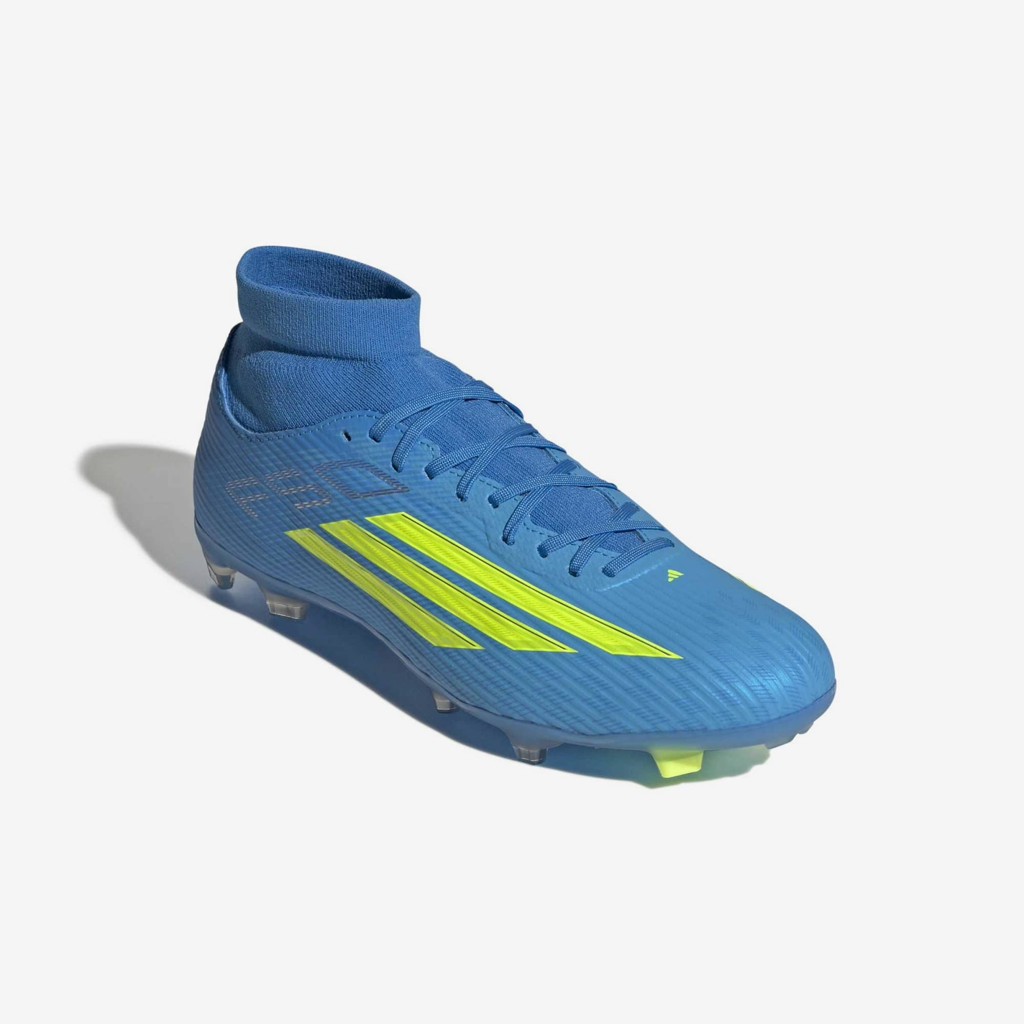 adidas F50 League Mid Cut Firm/Multi-Ground Soccer Cleats - Lucid Ray Blue / Team Solar Yellow 2 / Lucid Aquamarine