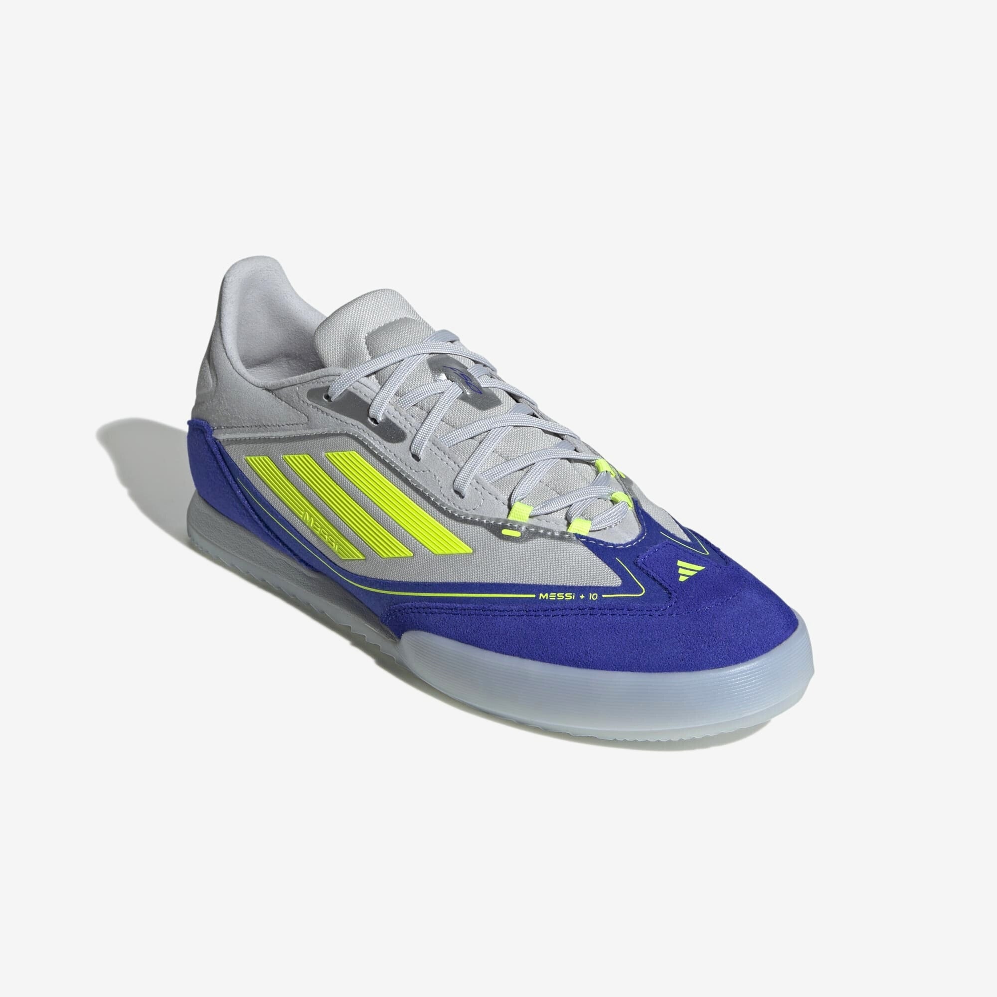 adidas F50 Messi Freestyle IC Low-Top Soccer Shoes - Silver Metallic / Solar Yellow / Lucid Blue