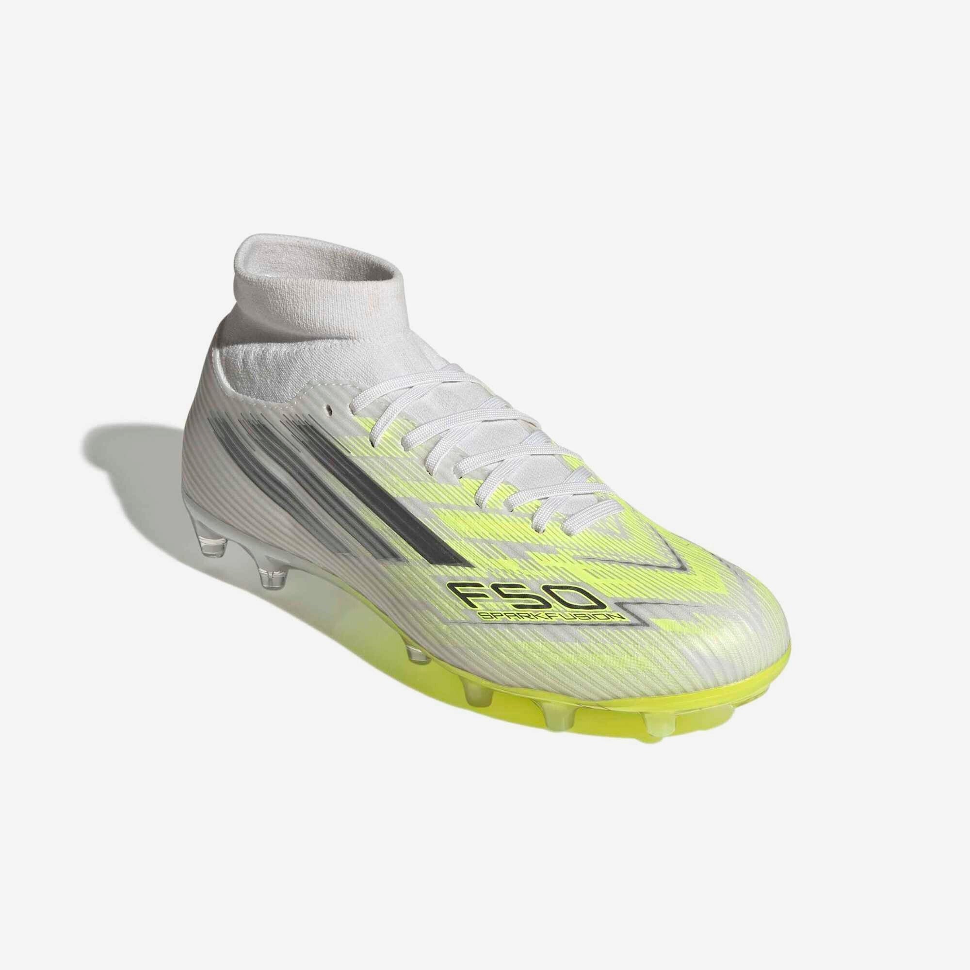 adidas F50 Sparkfusion League Mid Cut (Women's) Firm Ground/Artificial Grass Soccer Cleats - Cloud White / Iron Metallic / Hi-Res Yellow