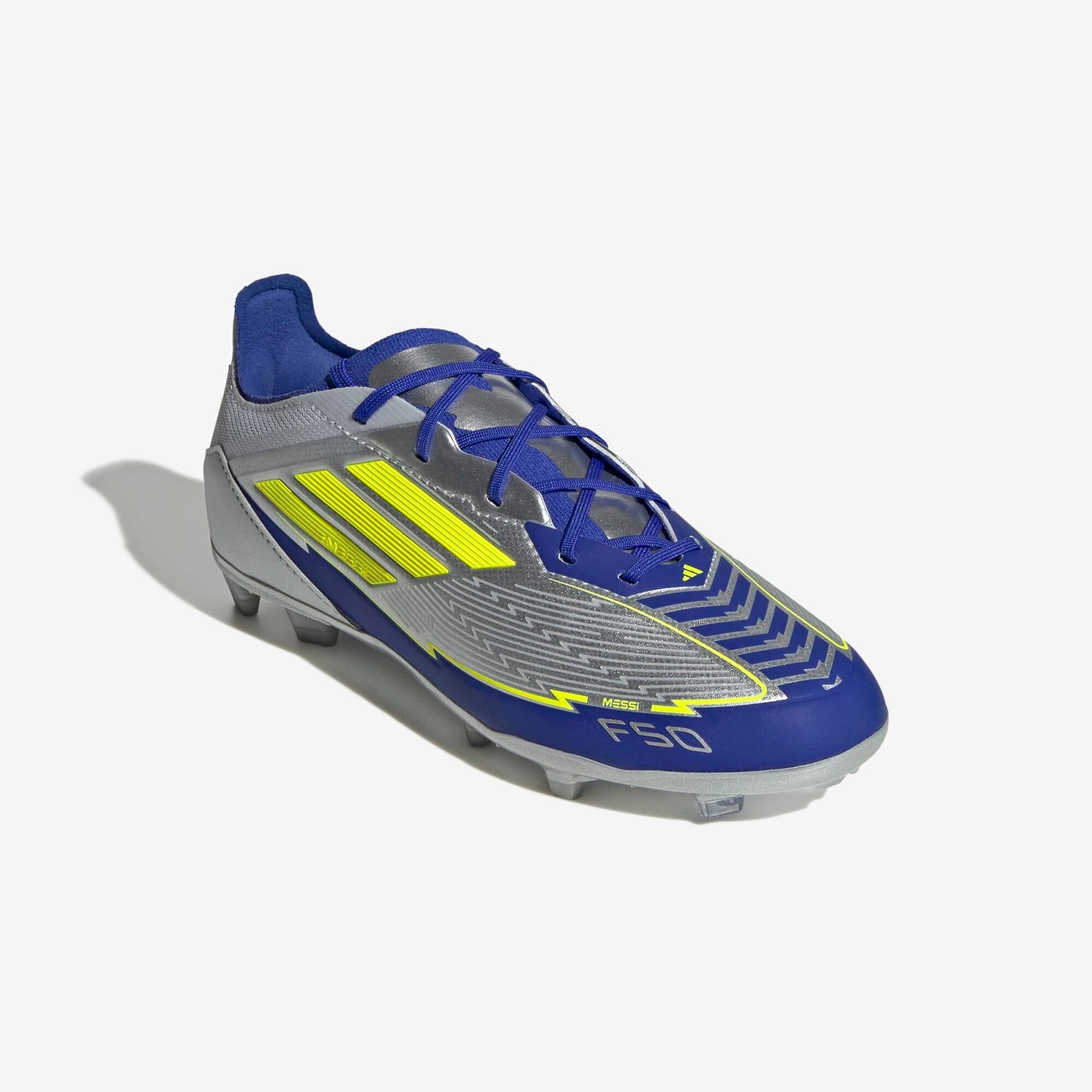 adidas Jr. F50 Elite Messi Big Kids' FG Low-Top Soccer Cleats - Silver Metallic / Solar Yellow / Lucid Blue