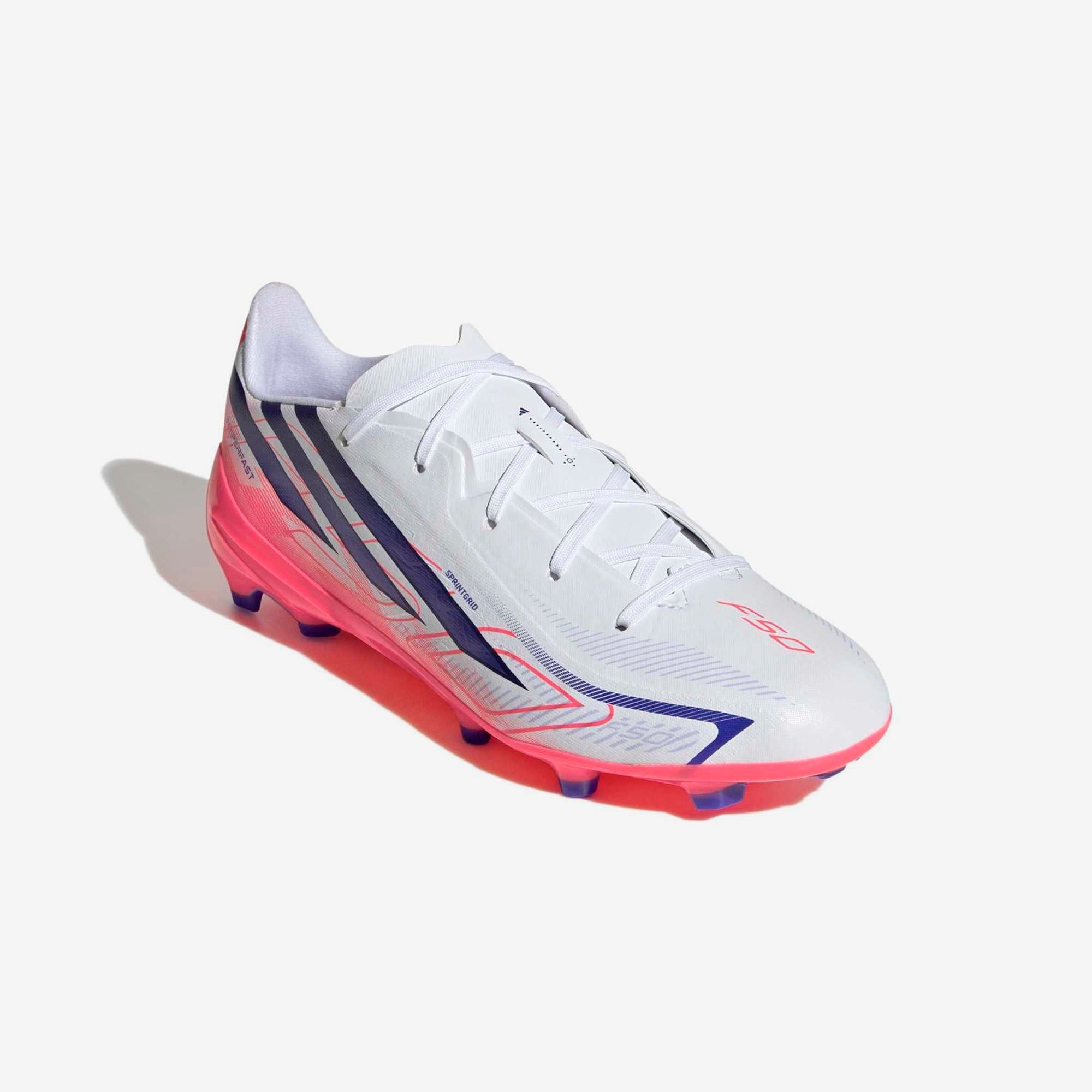 adidas Jr. F50 Hyperfast League Firm-Ground Low-Top Soccer Cleats - Ftwr White / Solar Purple / Solar Turbo