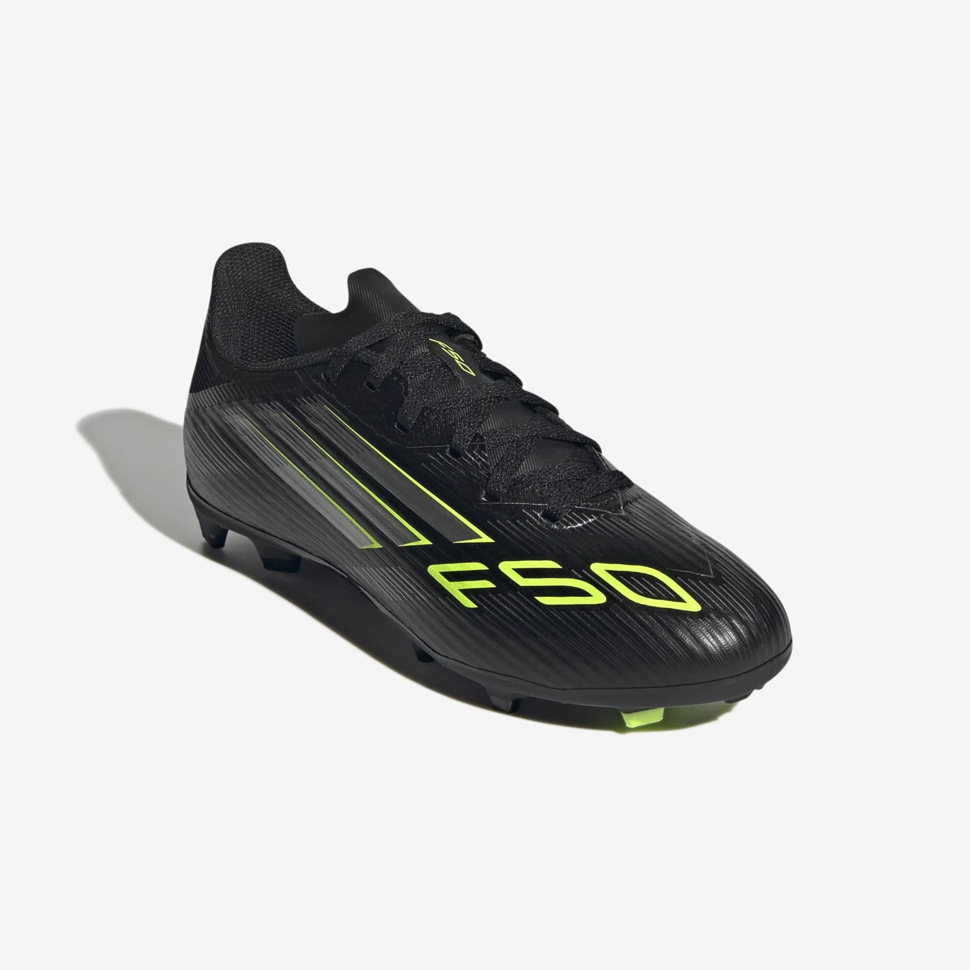adidas Jr. F50 League Kids' Firm/Multi-Ground Low-Top Soccer Cleats - Core Black / Iron Metallic / Lucid Lemon