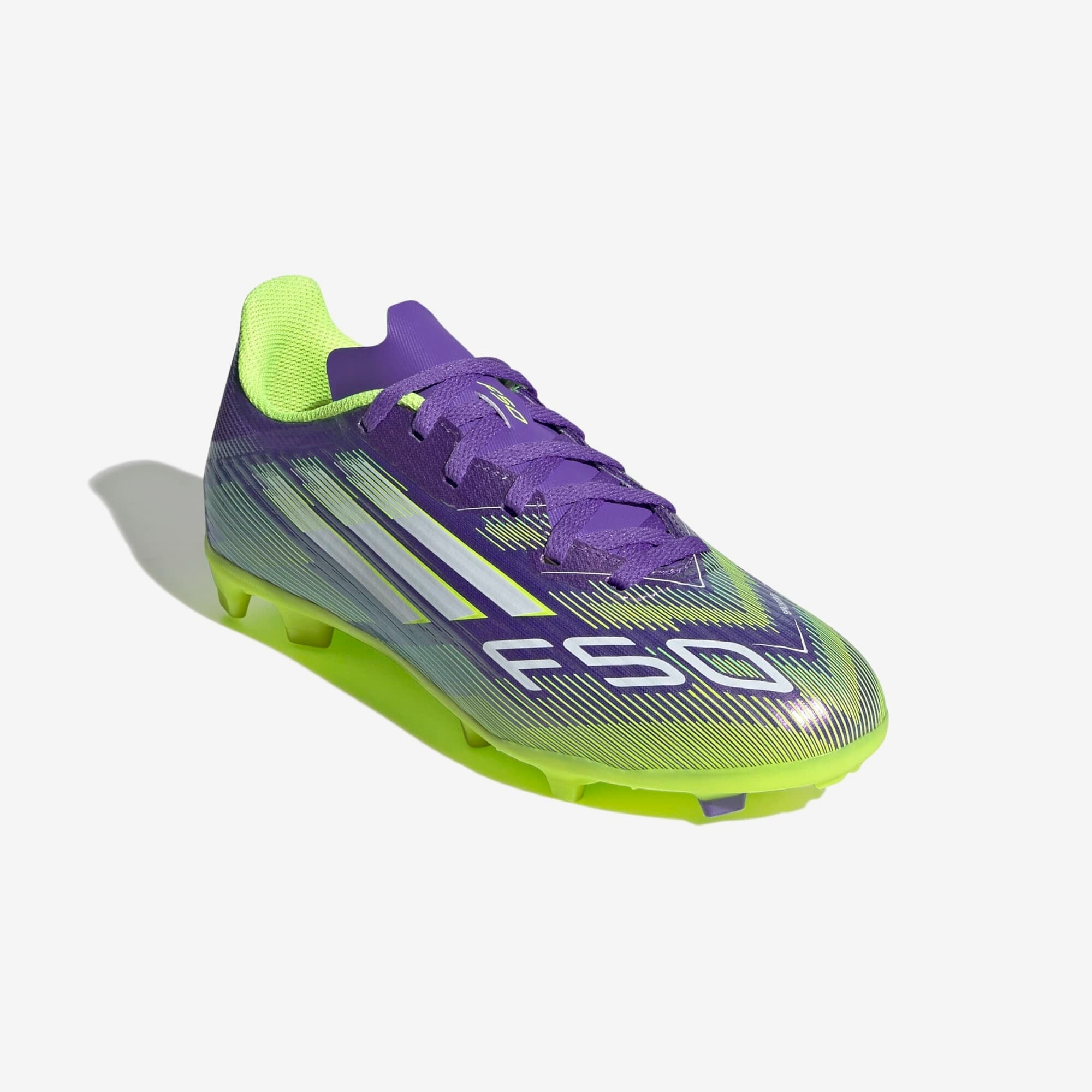 adidas Jr. F50 League Kids' Firm/Multi-Ground Low-Top Soccer Cleats - Purple Rush / Cloud White / Lucid Lemon
