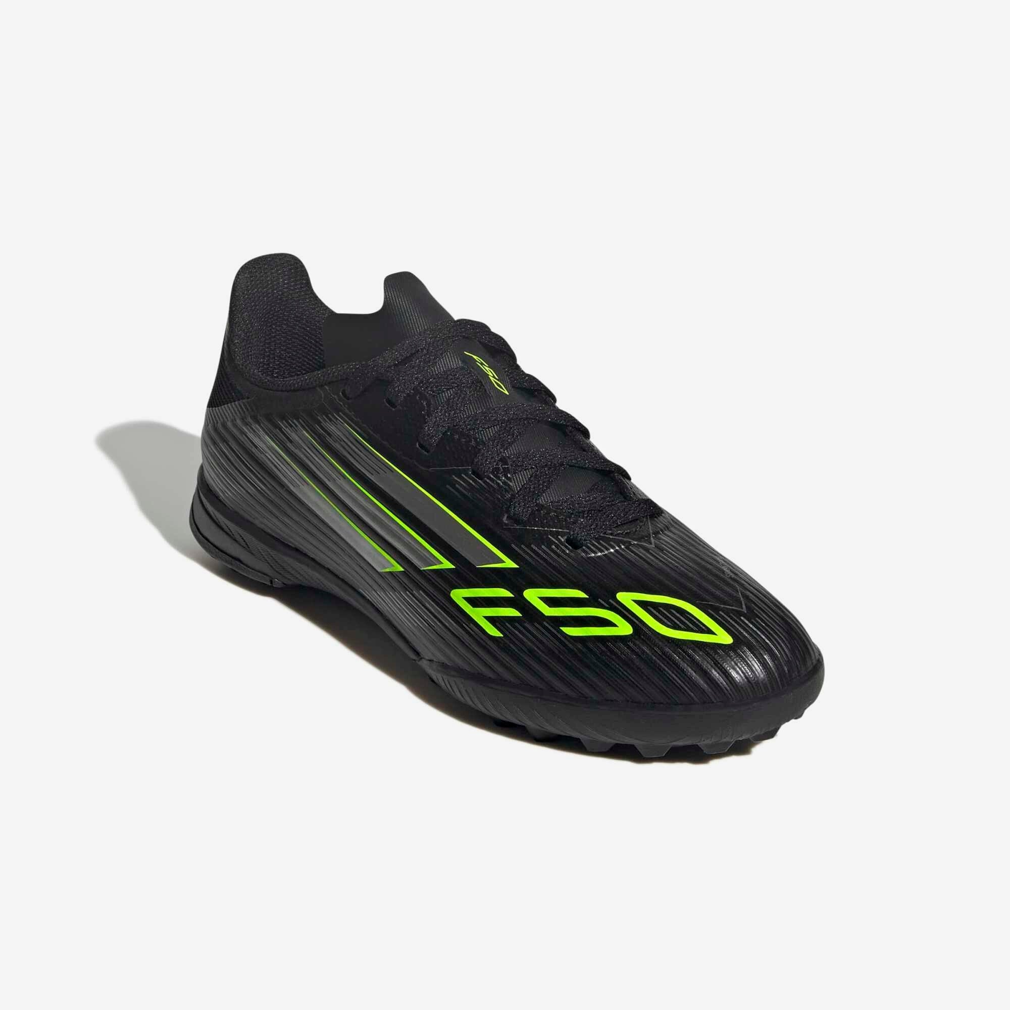 adidas Jr. F50 League Big Kids' Turf Low-Top Soccer Shoes - Core Black / Iron Metallic / Lucid Lemon