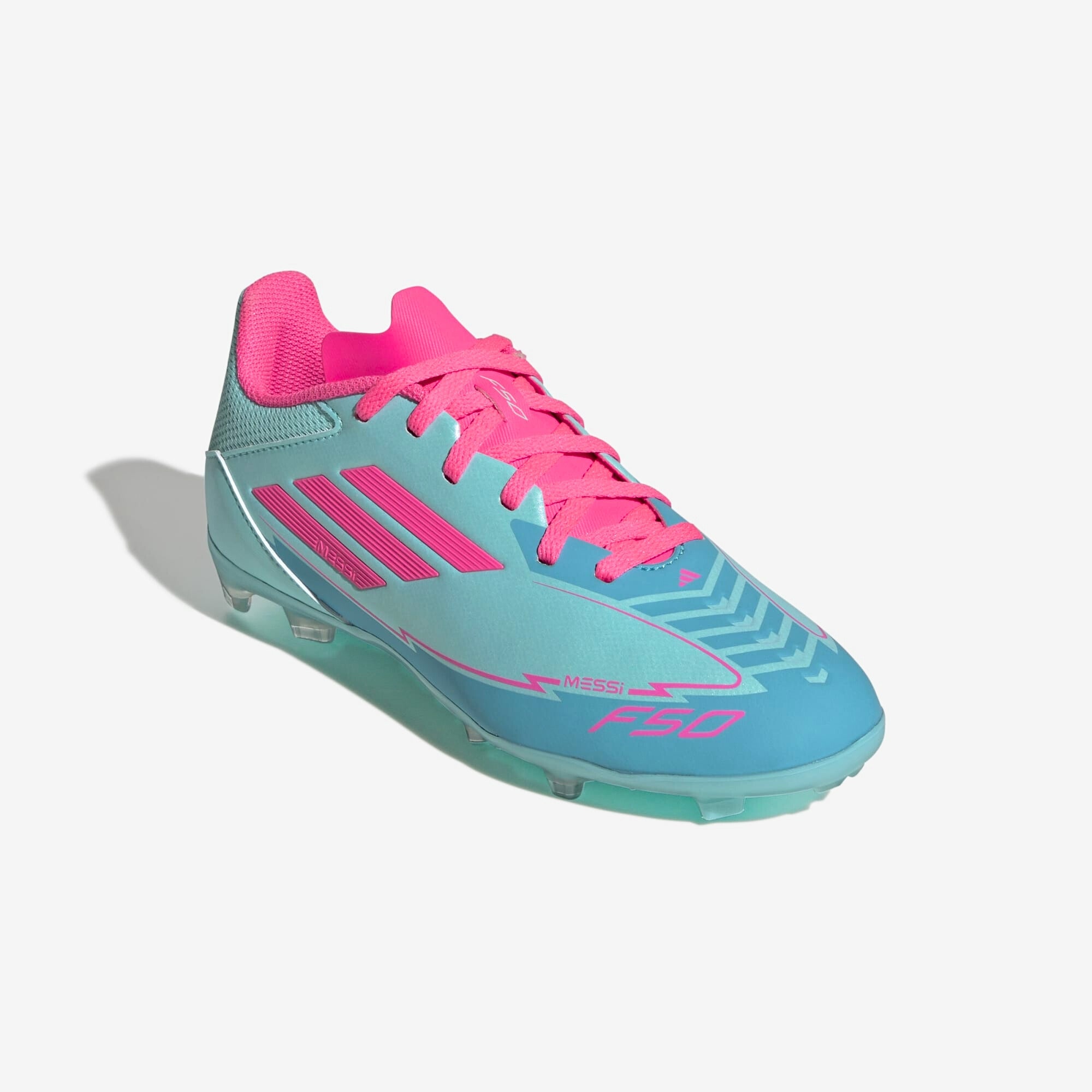 adidas Jr. F50 League Messi Little/Big Kids' FG/MG Low-Top Soccer Cleats - Flash Aqua / Lucid Pink / Lucid Cyan
