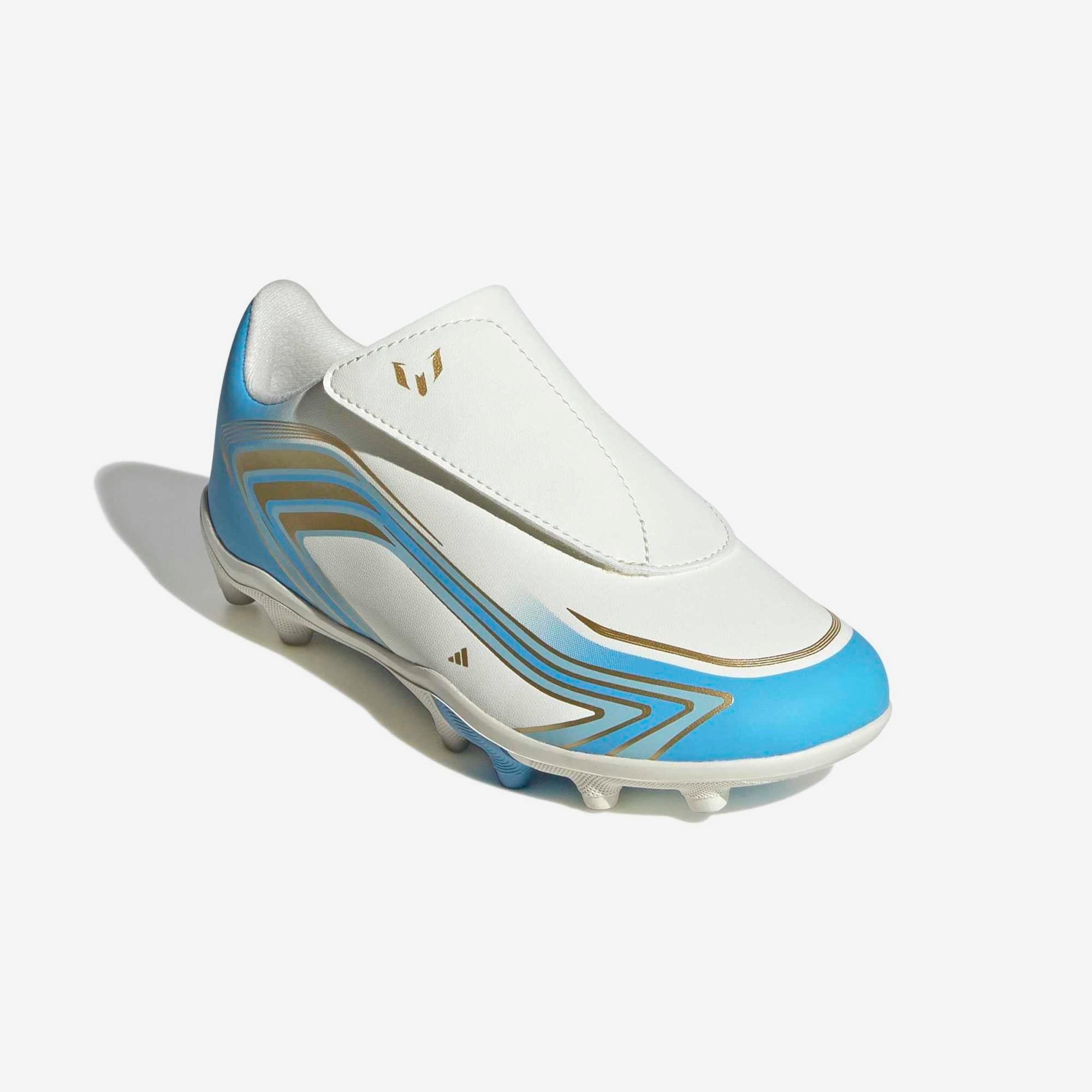 adidas Jr. F50 Messi Club Velcro Little Kids' Firm/Multi-Ground Low-Top Soccer Cleats - Ivory / Semi Blue Burst / Icey Blue