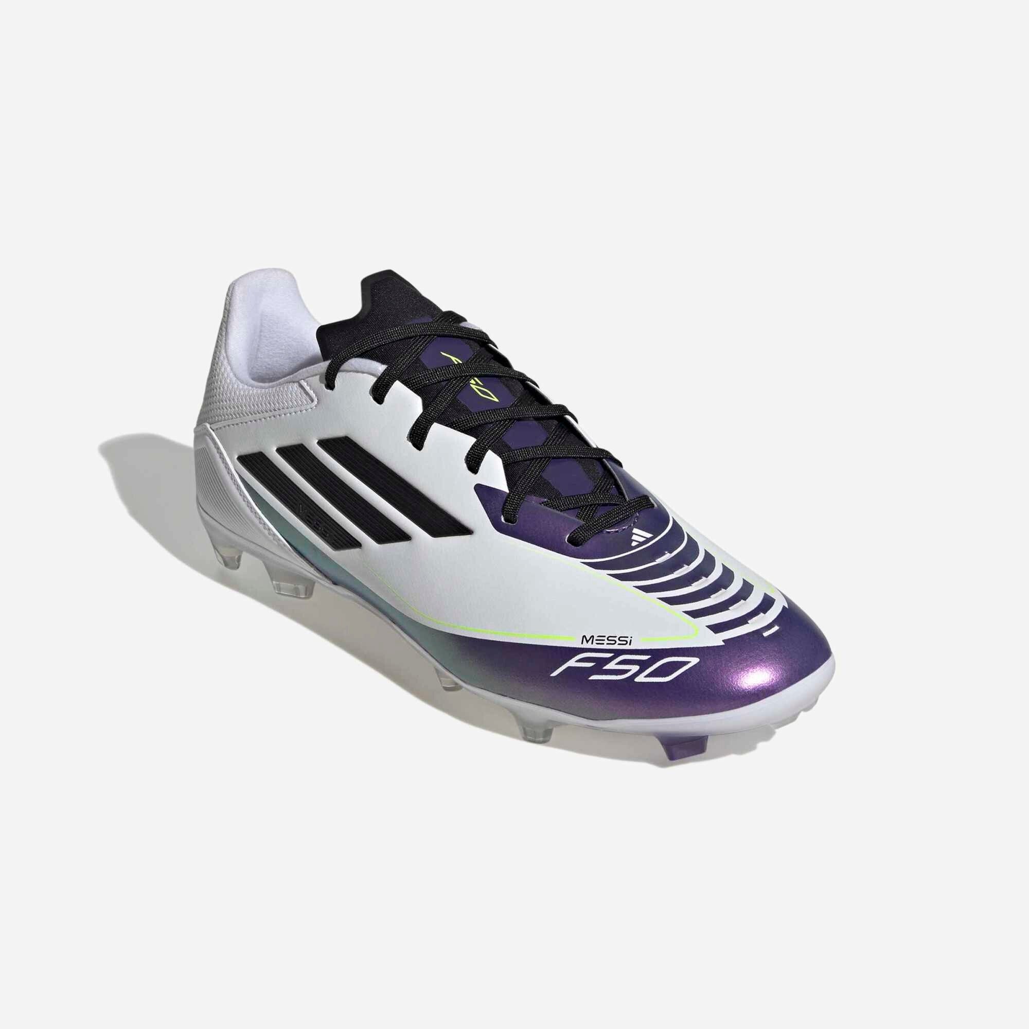 adidas Messi F50 League Firm/Multi-Ground Low-Top Soccer Cleats - Cloud White / Core Black / Purple
