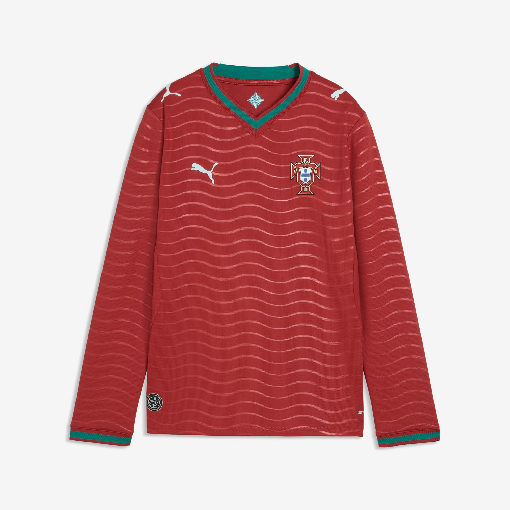 PUMA Portugal 2026 Stadium Home Big Kids' Long-Sleeve Soccer Jersey - Club Red-Green Lagoon