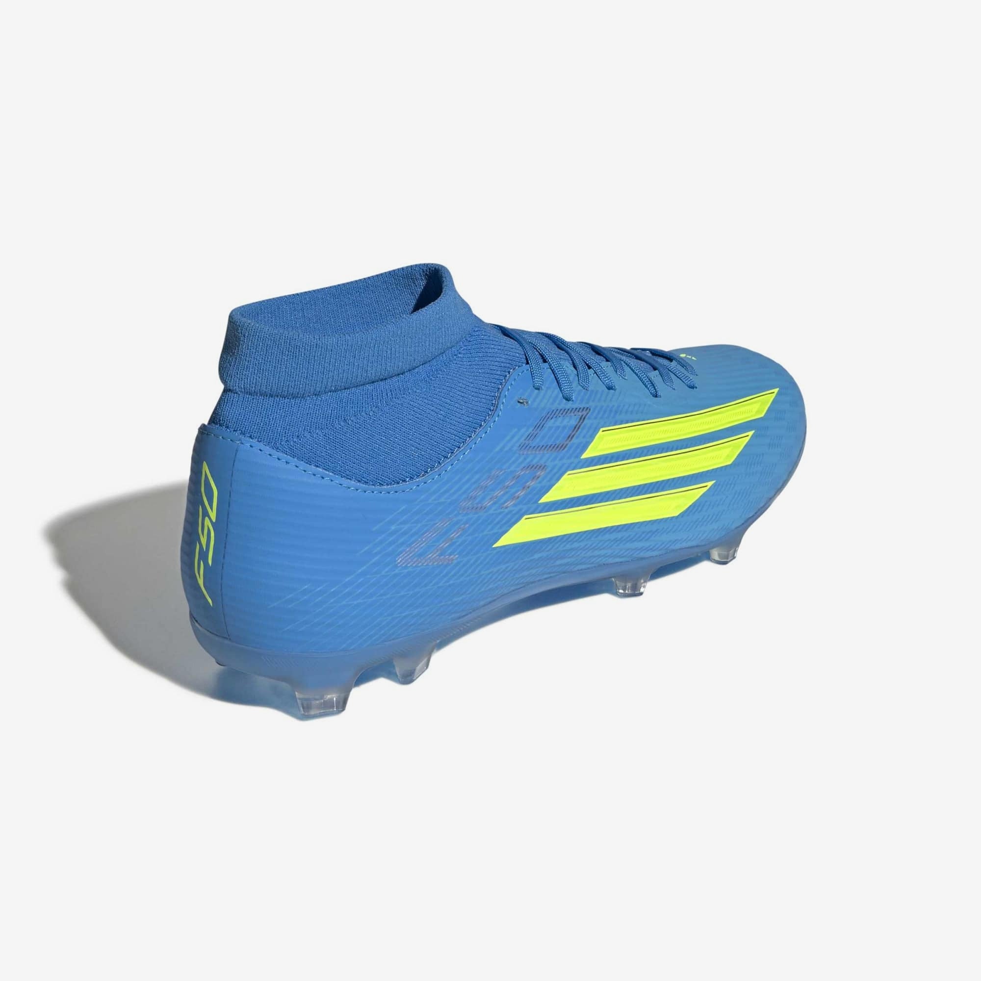 adidas F50 League Mid Cut Firm/Multi-Ground Soccer Cleats - Lucid Ray Blue / Team Solar Yellow 2 / Lucid Aquamarine